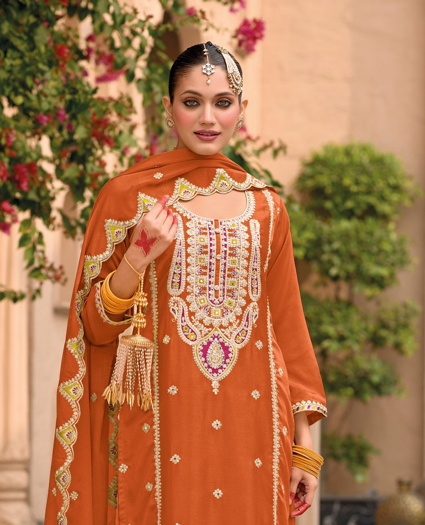 Orange Palazzo Style Salwar Suit With Heavy Embroidery Work