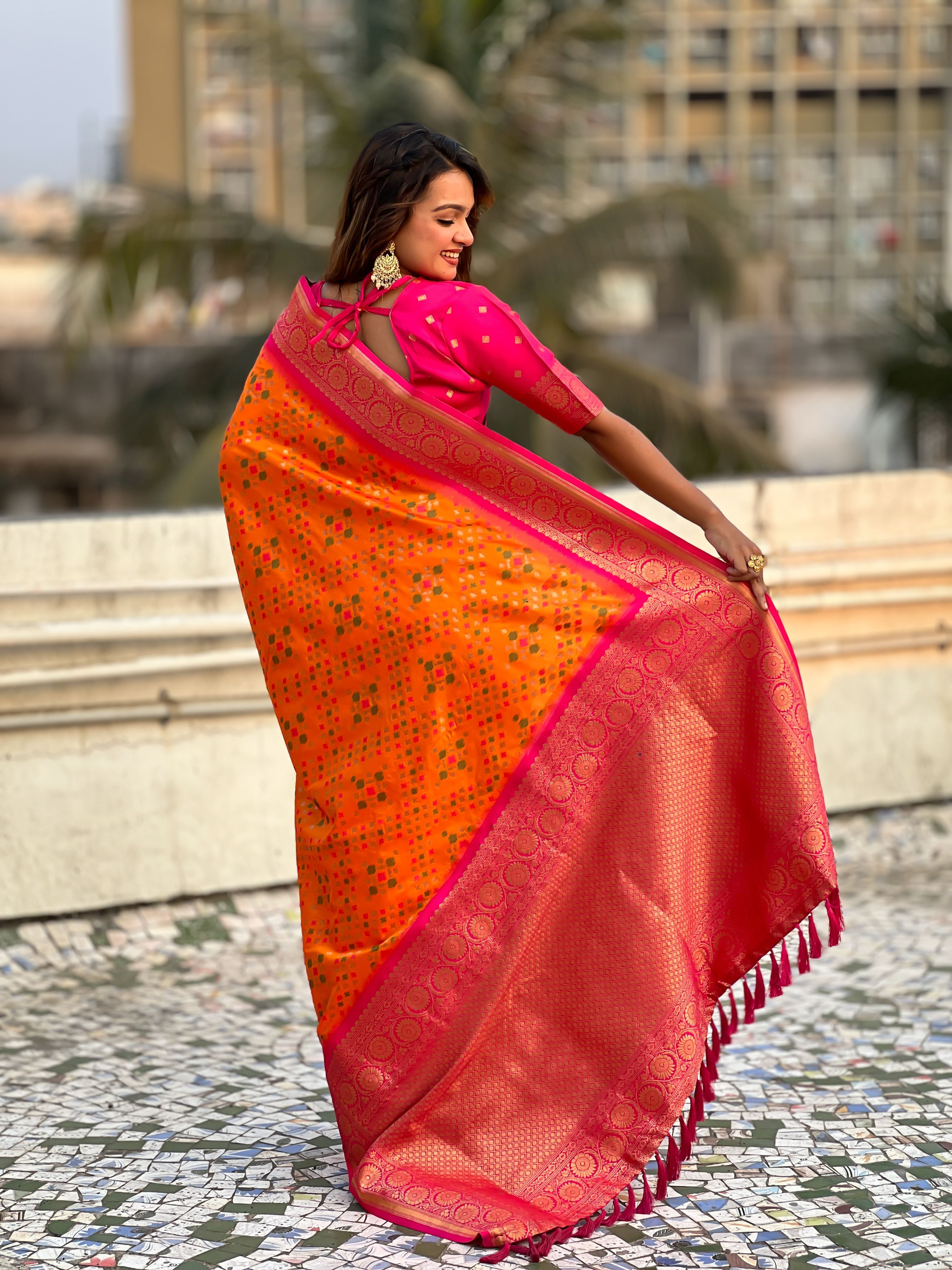 Orange Patola Silk Weaving Ikkat Meenakari Designer Graceful Ceremonial Saree