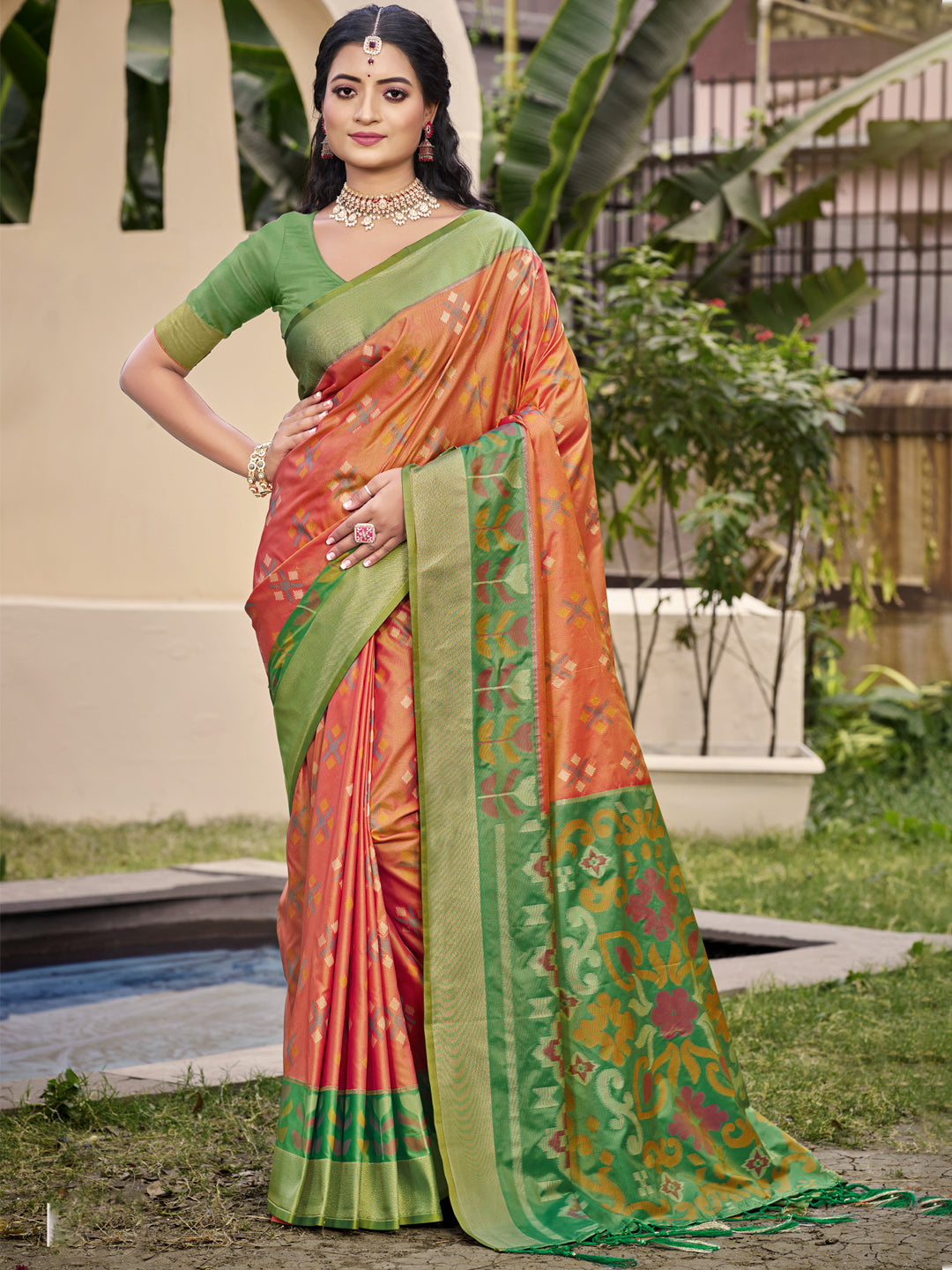 Orange Pochampalli Silk Woven Designer Ethnic Partywear Saree