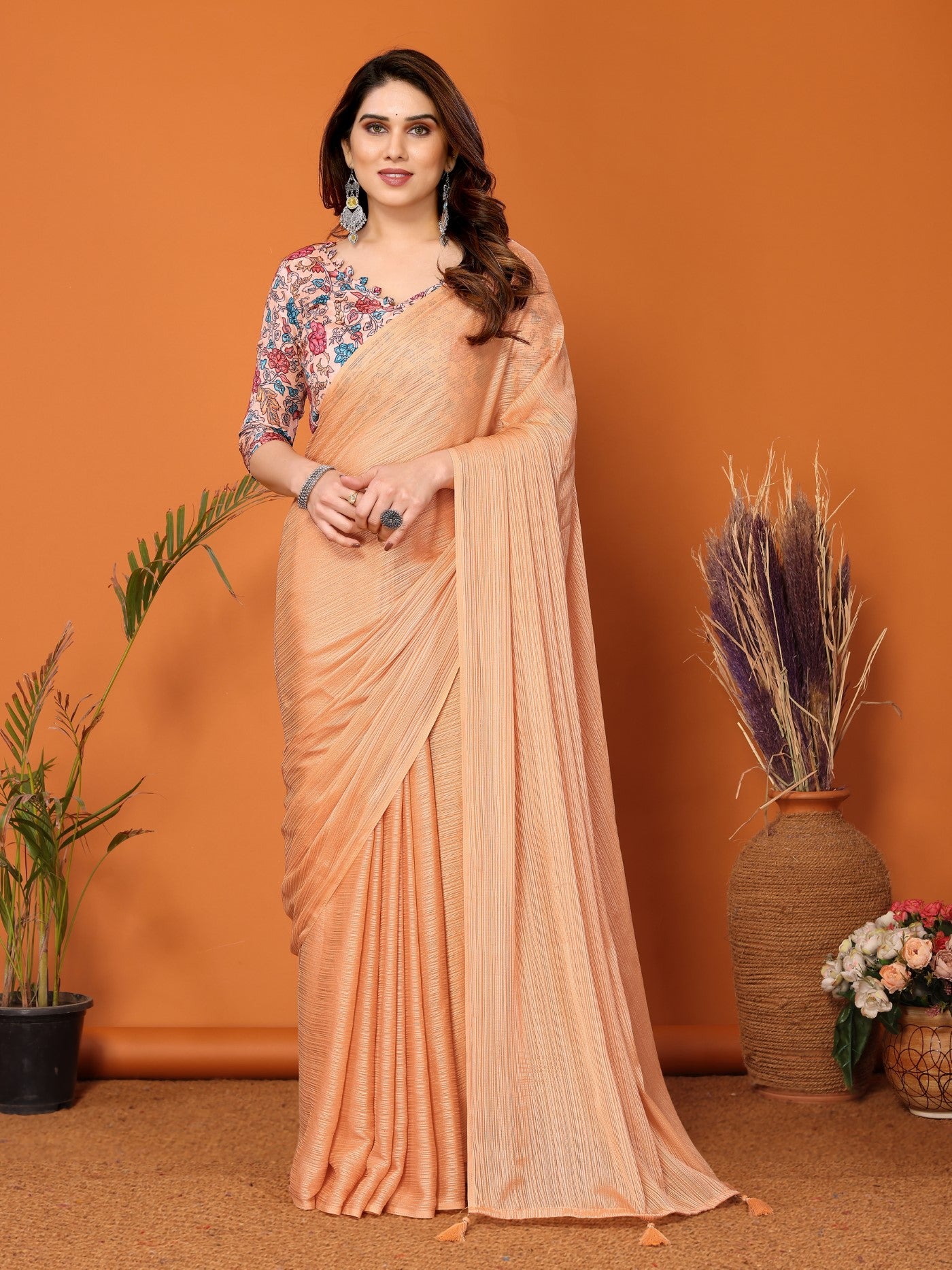 Orange Polyester Zari Saree With Plain Saree With Kalamkari Print Blouse