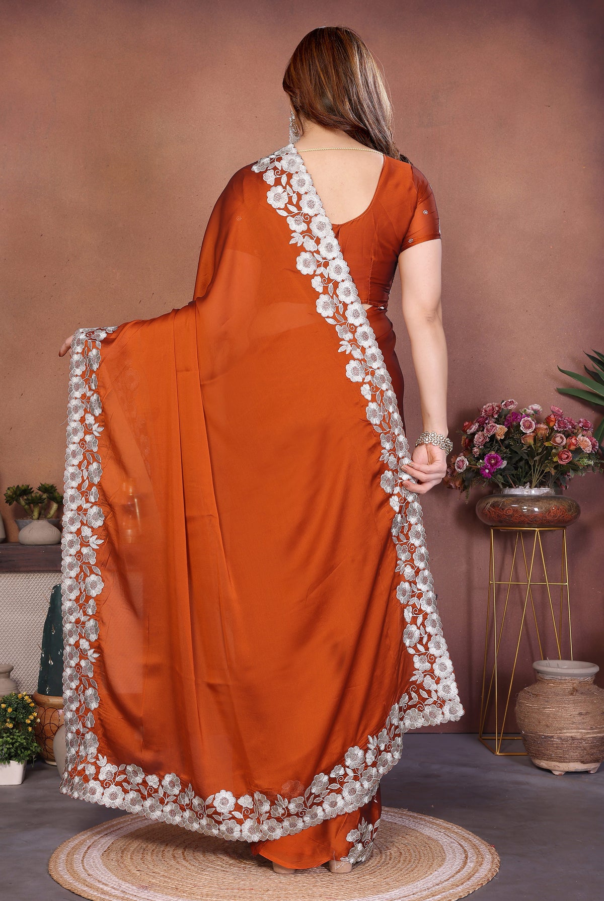 Orange Rangoli Silk Saree with Rich Embroidered Thread Work