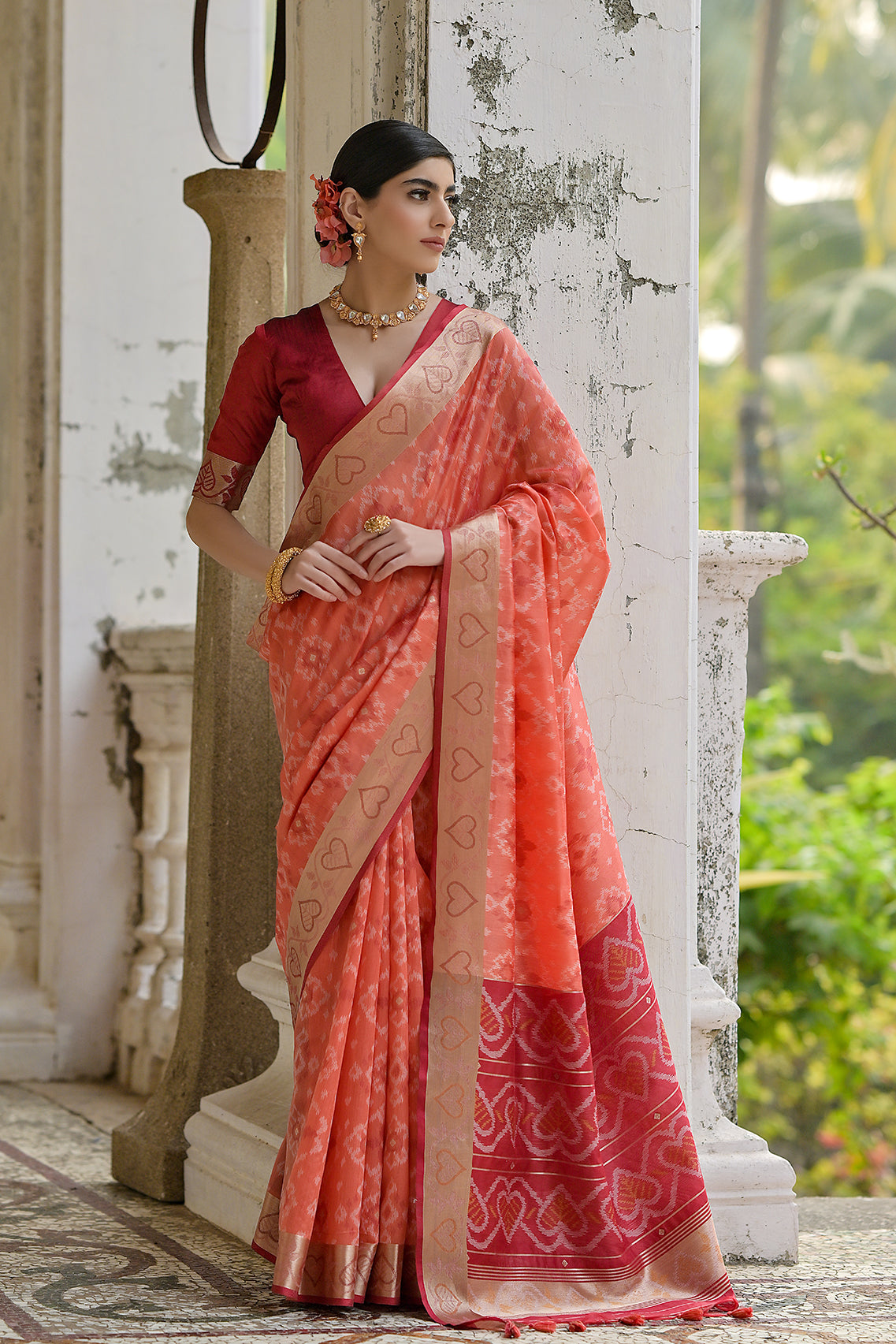 Orange Raw Silk Saree with Ikkat Design and Contrast Pallu