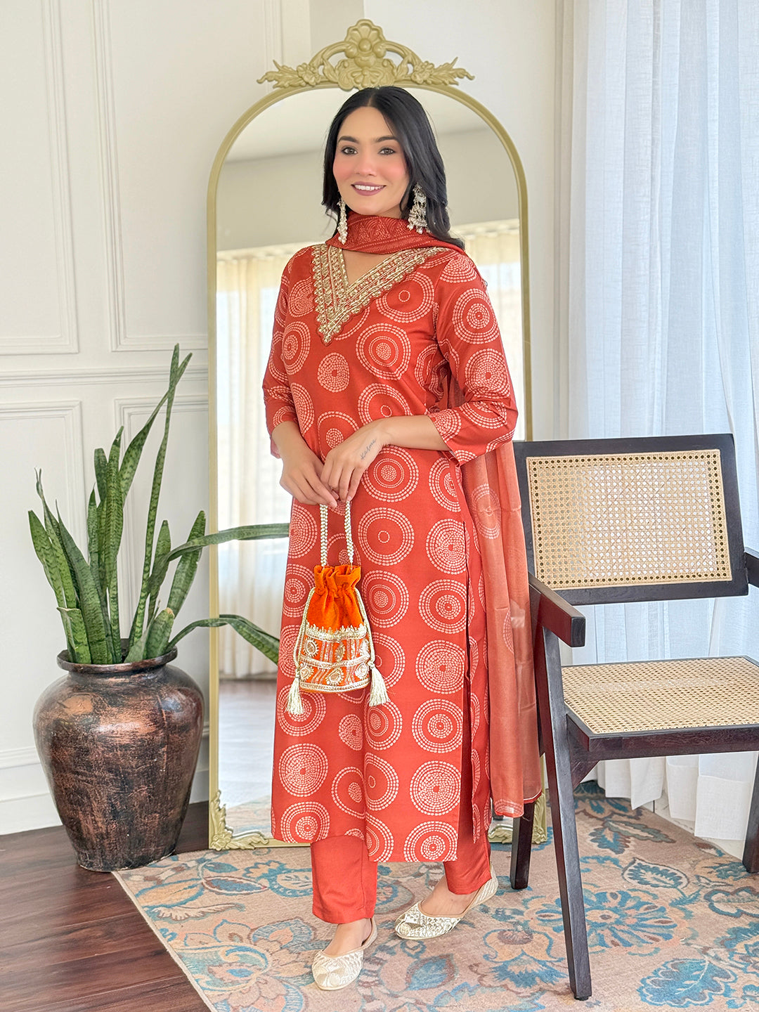 Orange Rayon Elegant Kurta Pant Set With Print