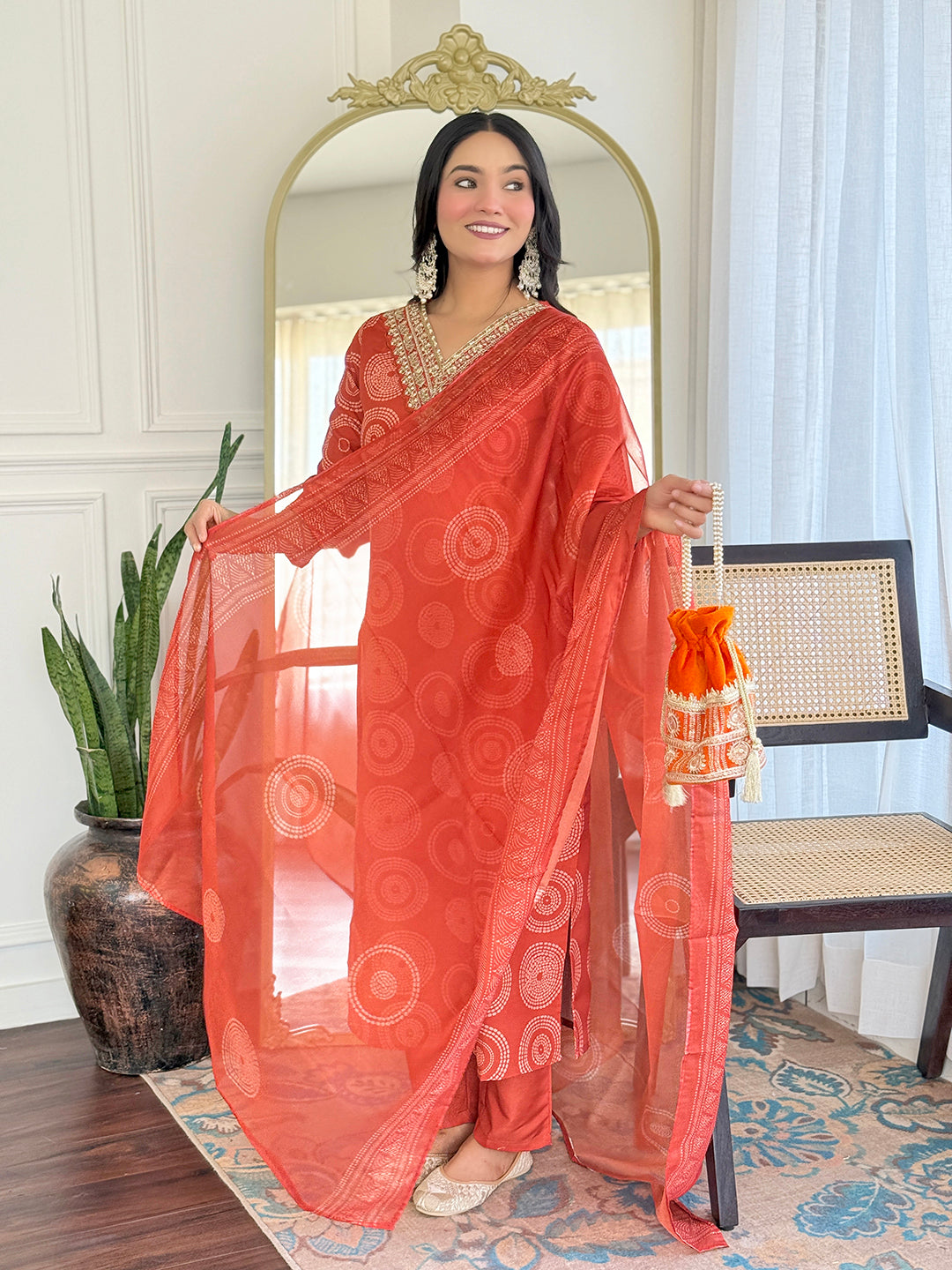Orange Rayon Elegant Kurta Pant Set With Print