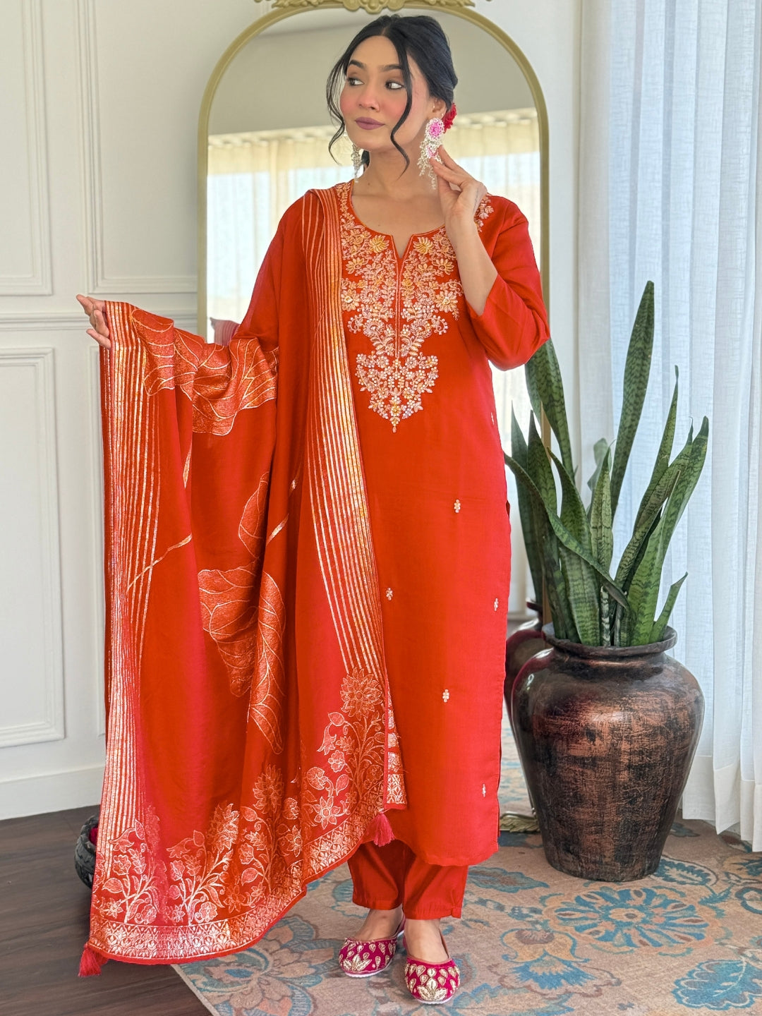 Orange Roman Silk Kurta Pant Set With Thread Embroidered With Sequins Work