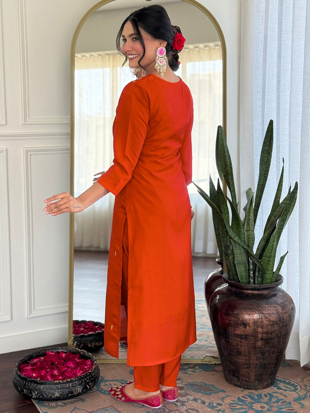 Orange Roman Silk Kurta Pant Set With Thread Embroidered With Sequins Work