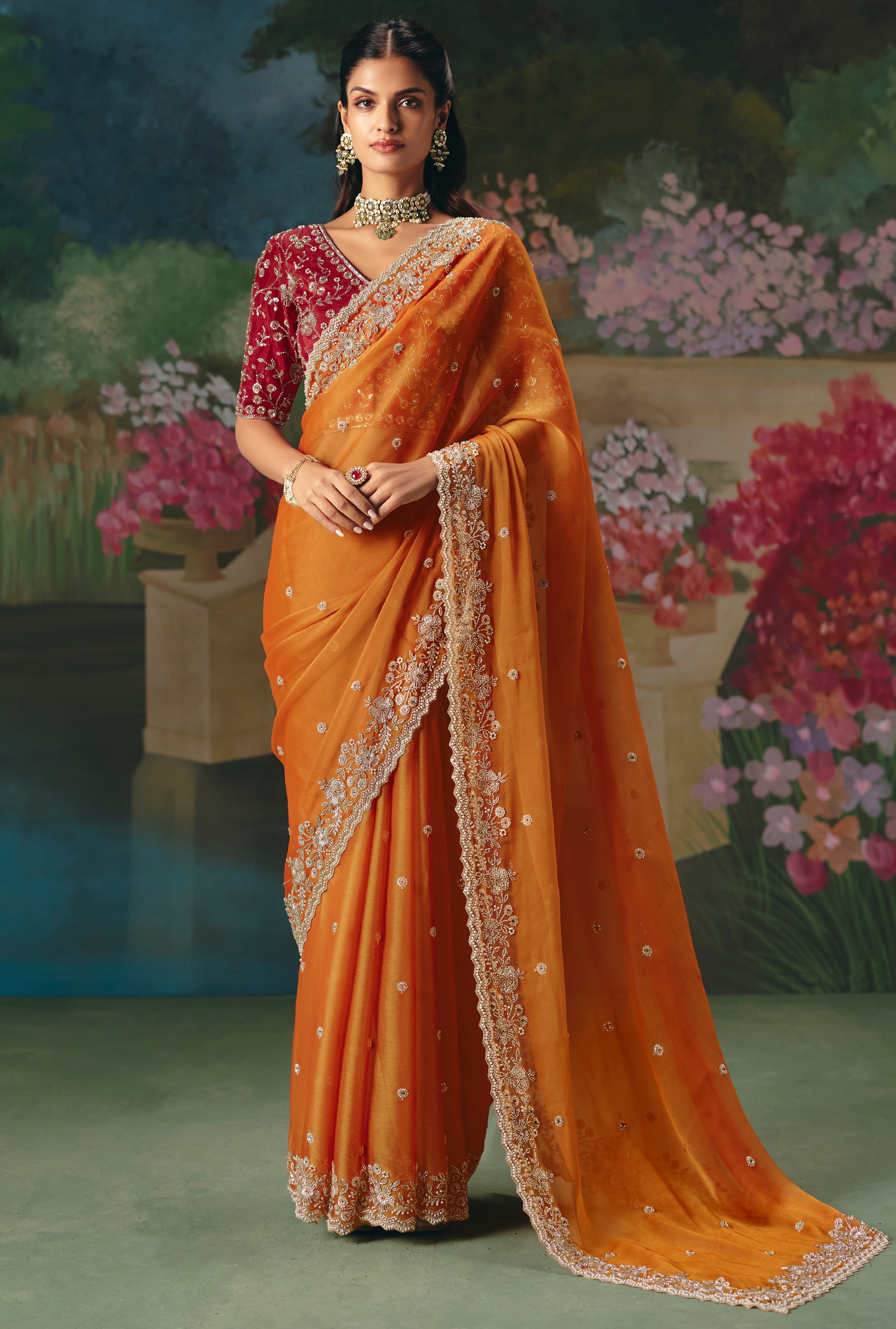 Orange Saree With Heavy Designer Embroidery, Sequince, Stone, With Beads Work