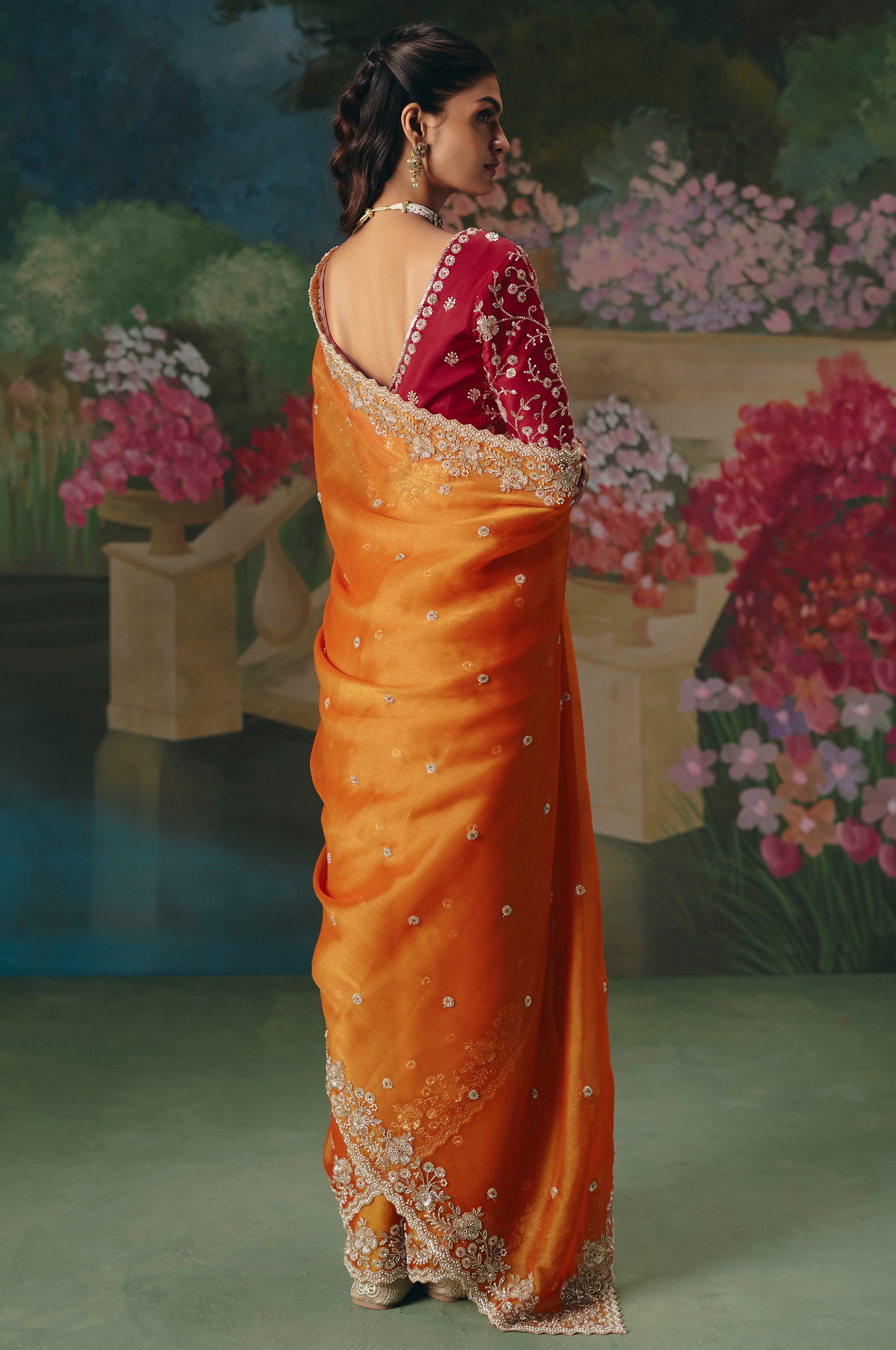 Orange Saree With Heavy Designer Embroidery, Sequince, Stone, With Beads Work