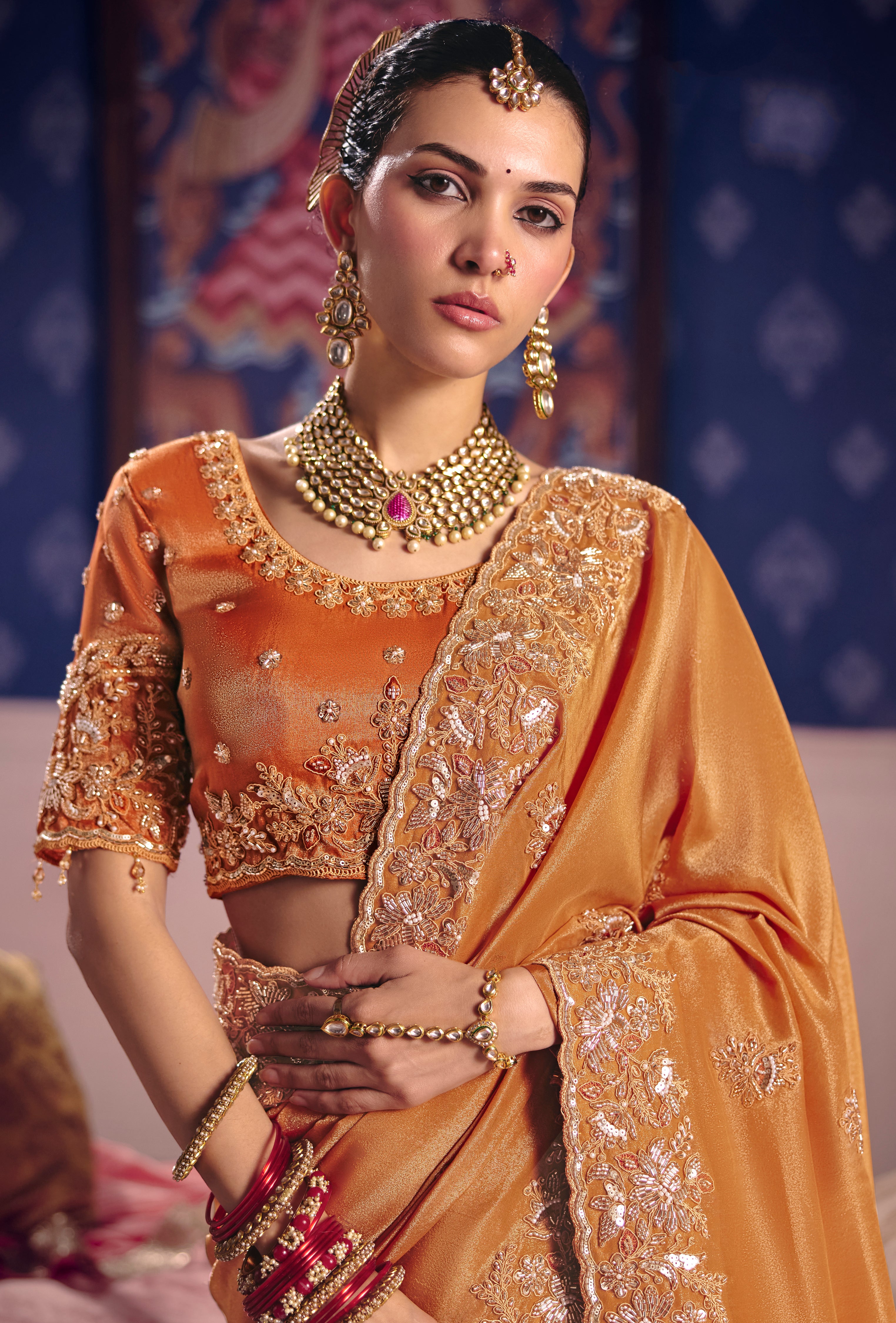 Orange Saree With Heavy Embroidery, Beads With Sequince Work