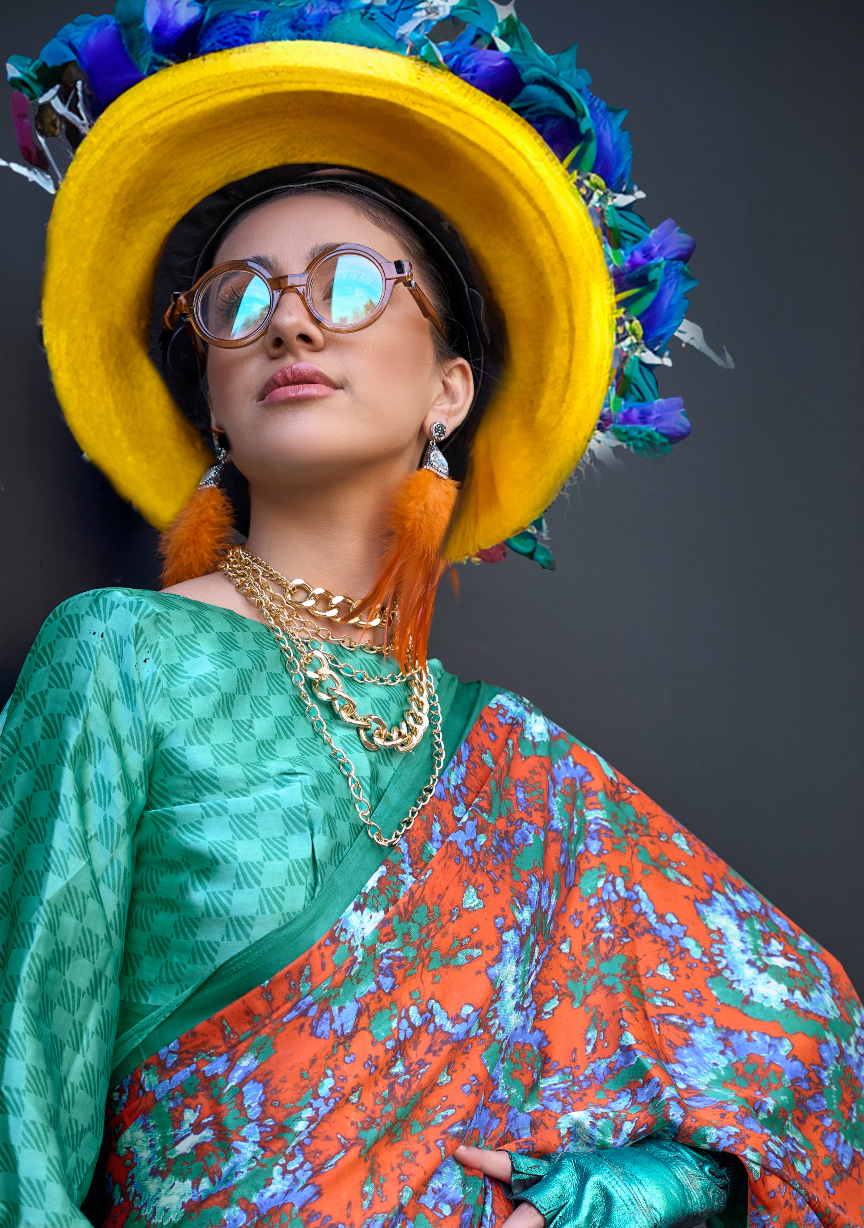 Orange Satin Saree With Digital Print