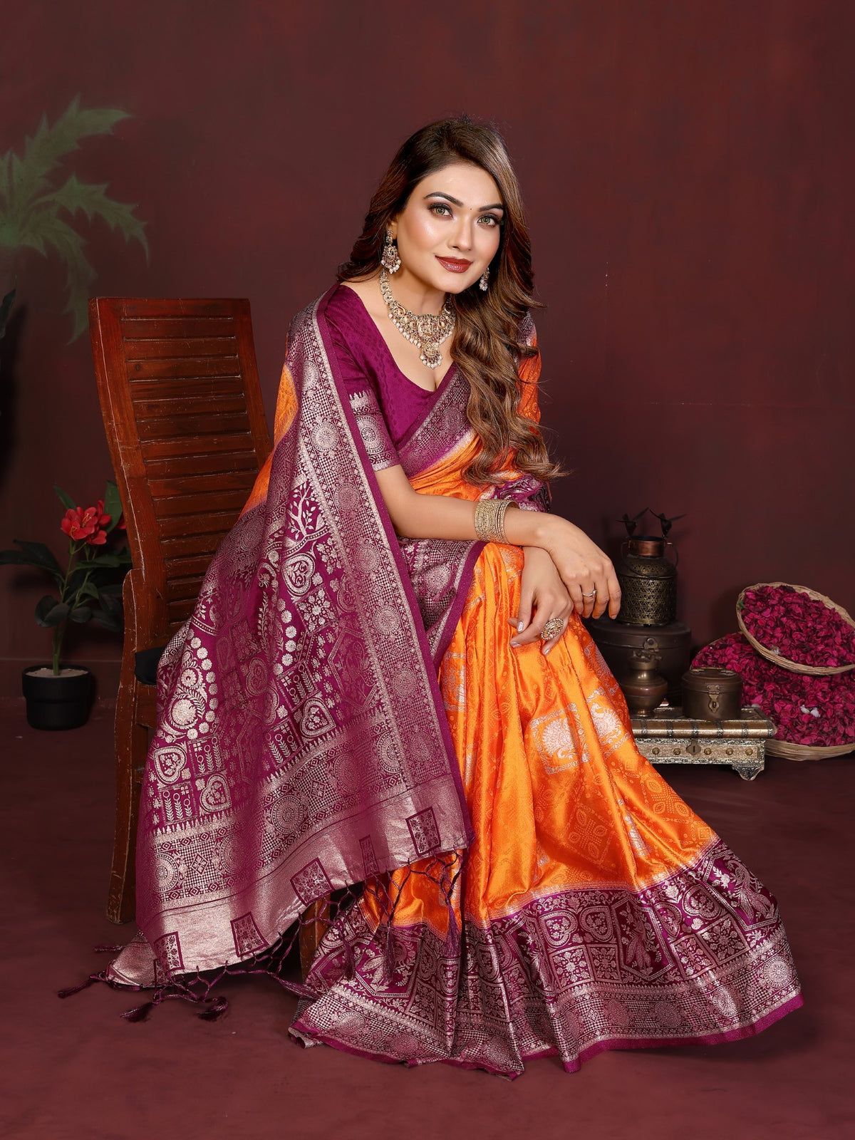Orange Satin Silk Saree With Traditional Zari Butta Designs