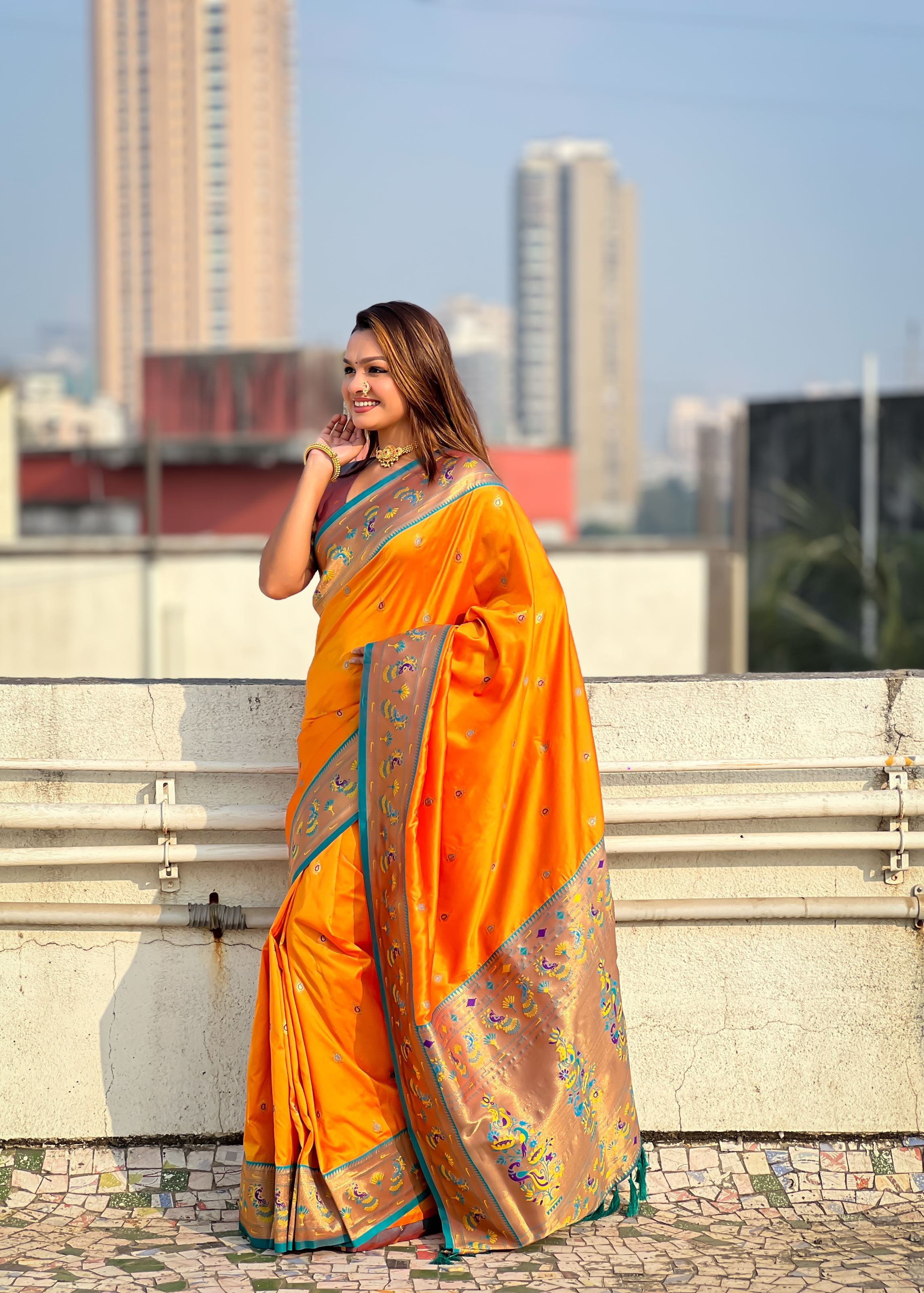 Orange Silk Blend Paithani Saree