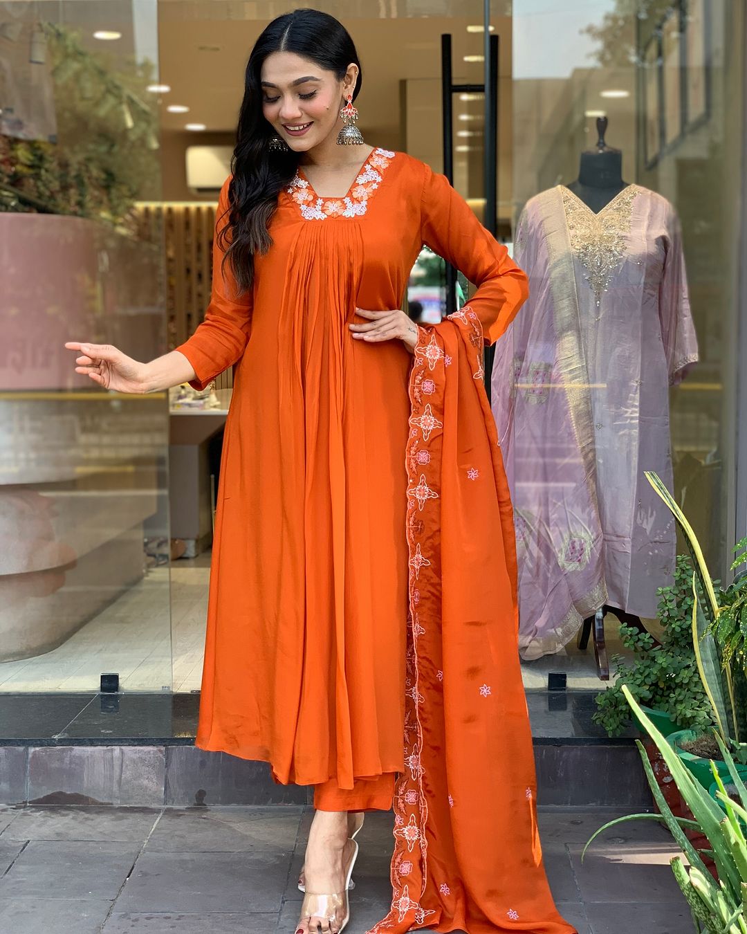 Orange Silk Chiffon Elegant Kurta Pant Set With Embroidery Work