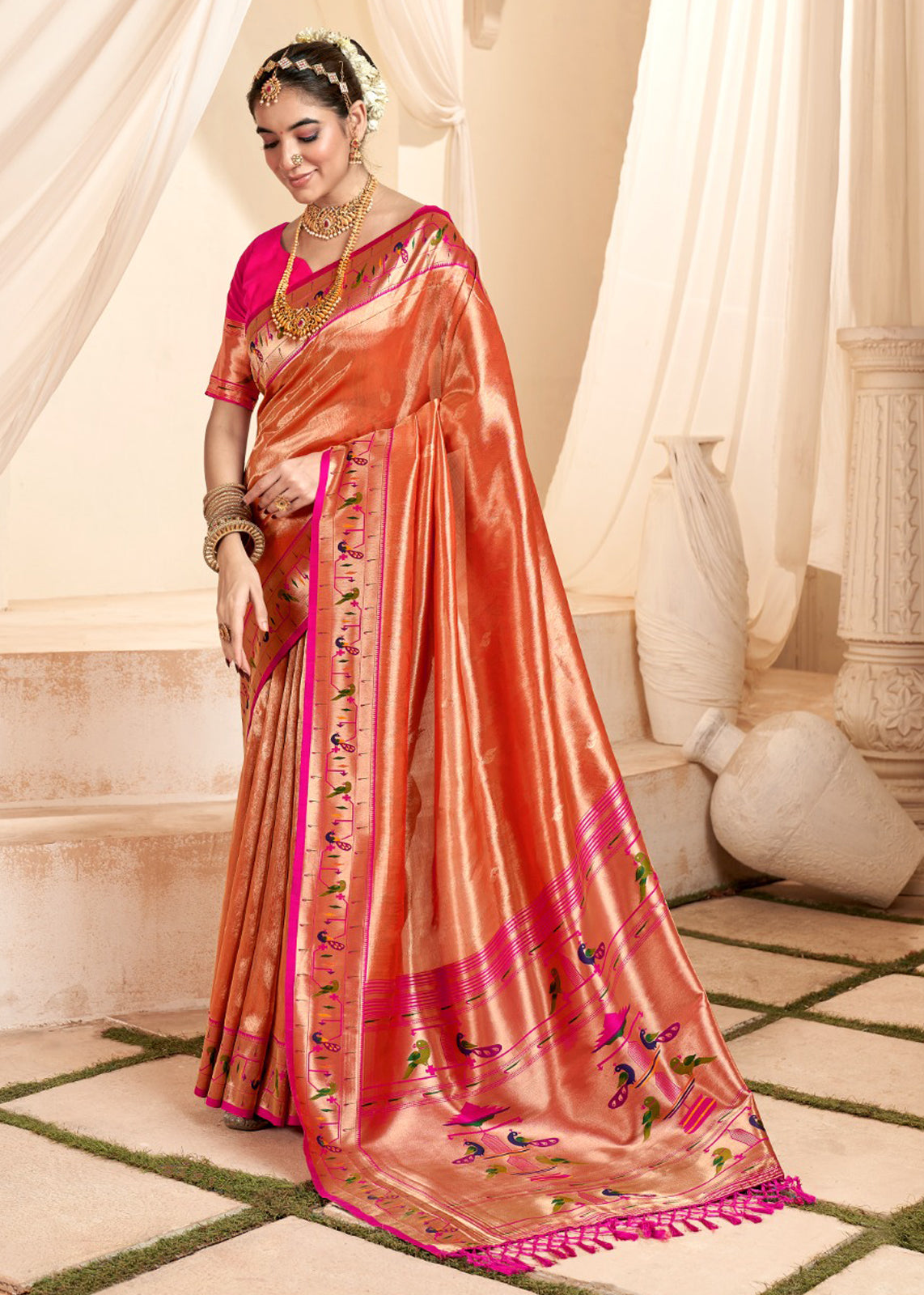 Orange Silk Saree With Jacquard Woven Work