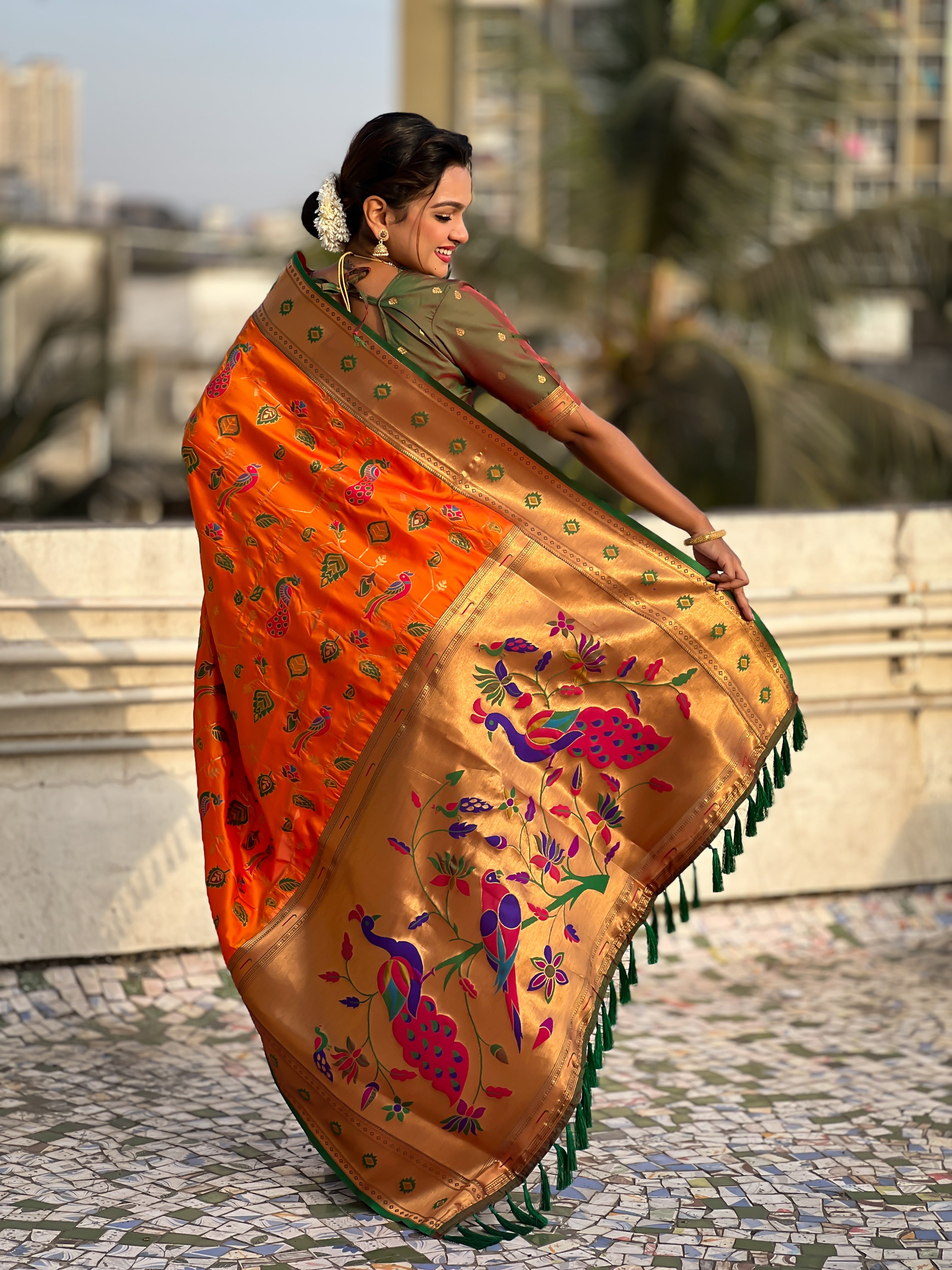 Orange Soft Silk Fabri Woven Paithani Meenakari Designer Ceremonial Saree