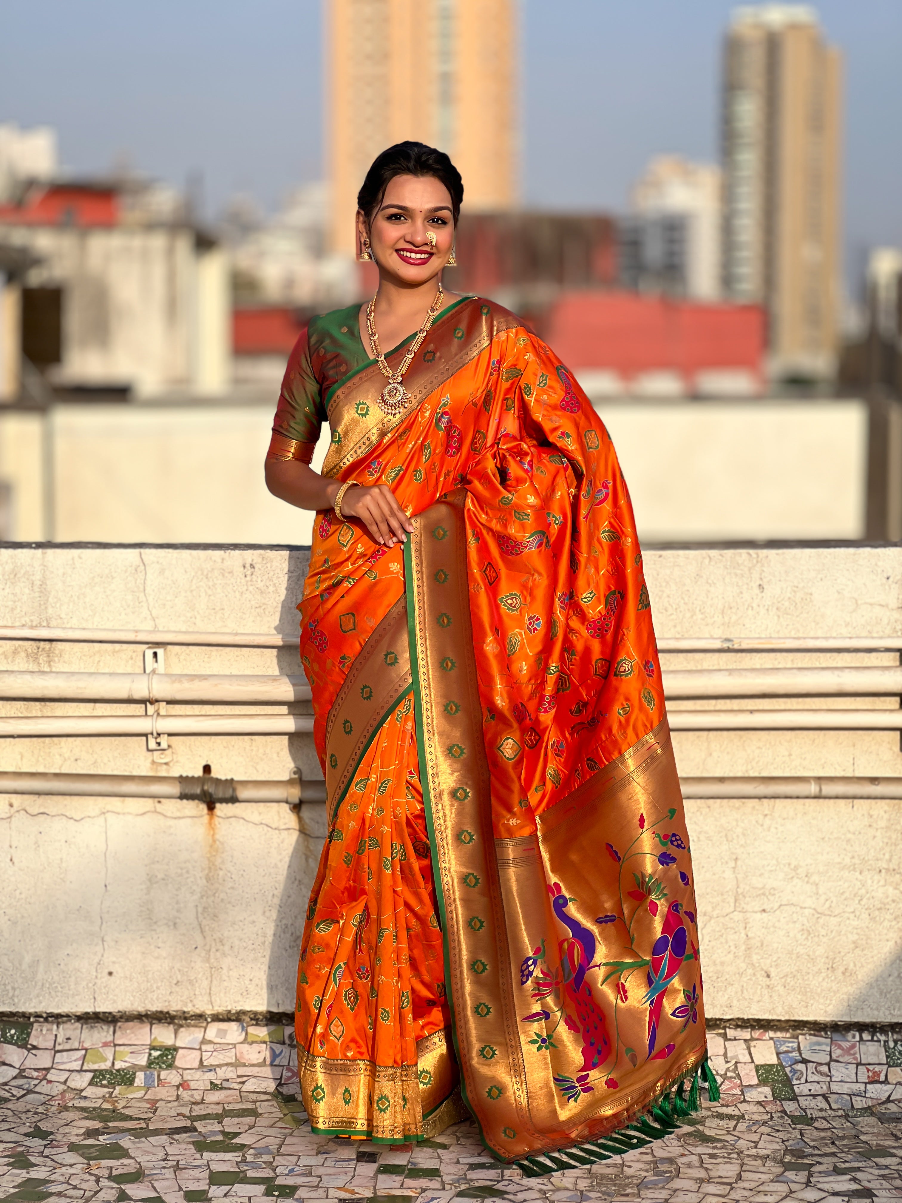 Orange Soft Silk Fabri Woven Paithani Meenakari Designer Ceremonial Saree