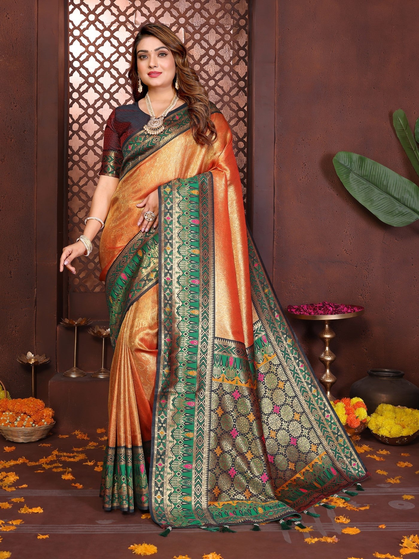 Orange Tissue Silk Saree With Traditional Weaving