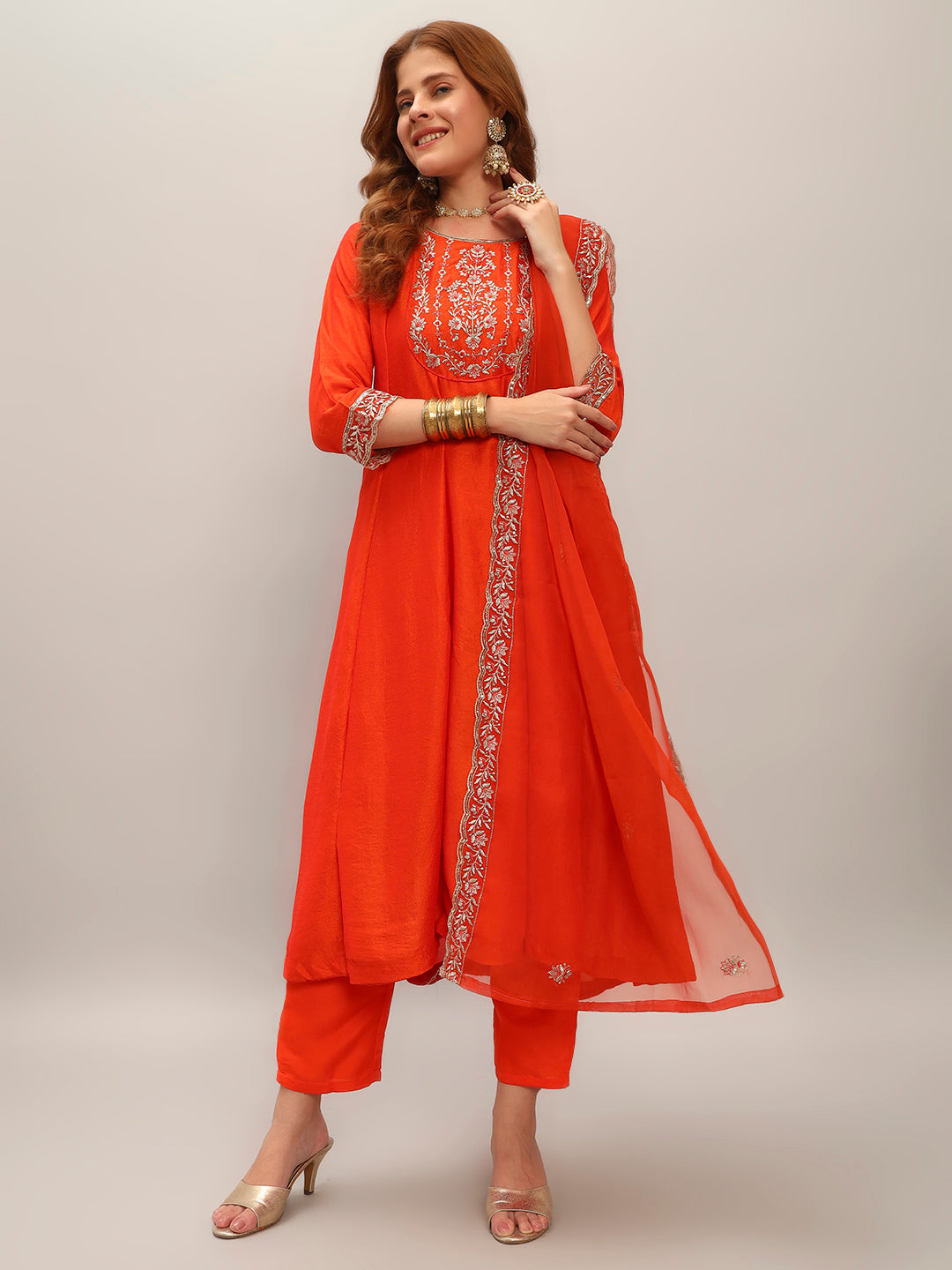 Orange Vichitra Silk Elegant Kurta Pant Set With Embroidery Work