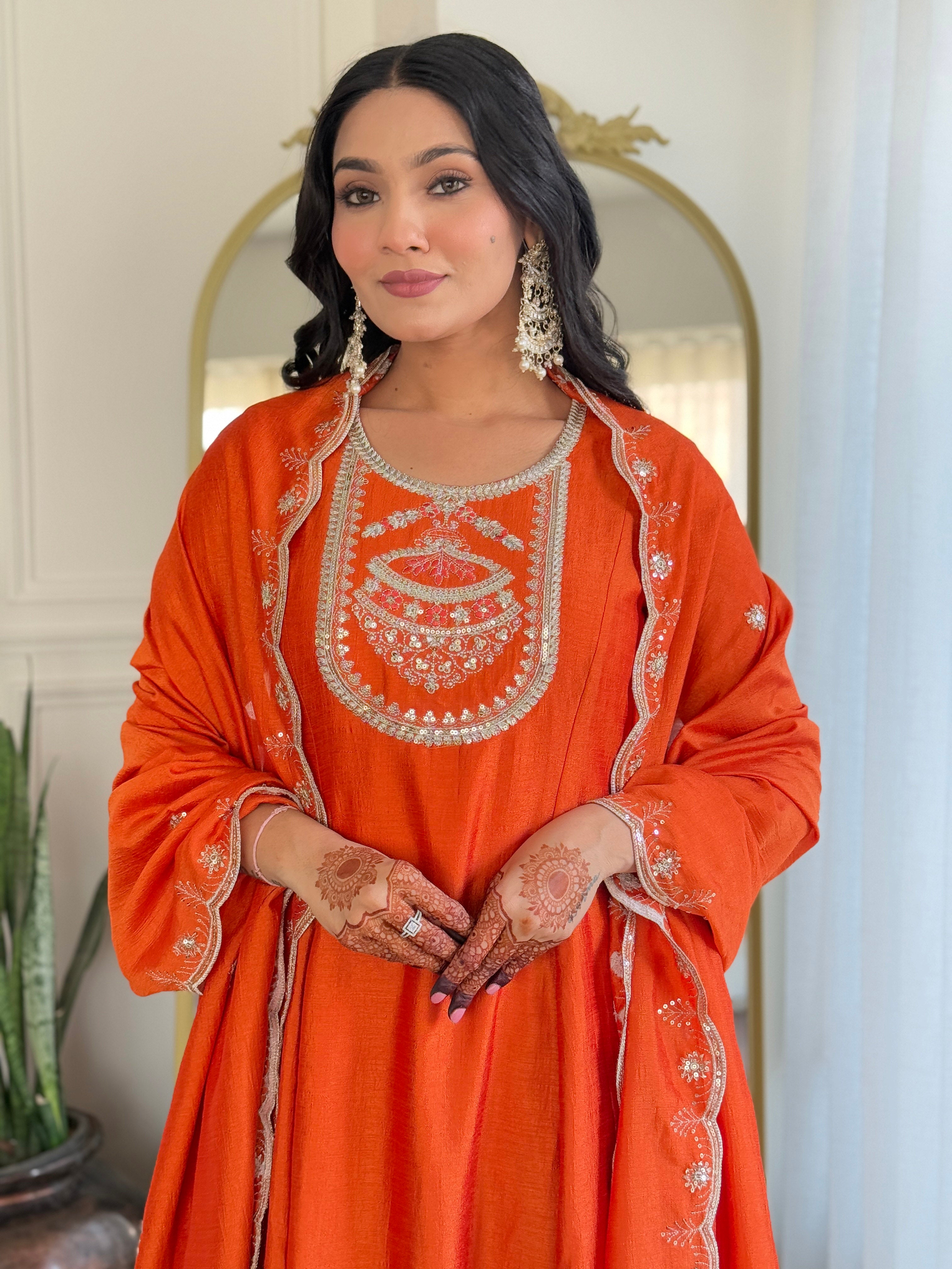 Orange Vichitra Silk Elegant Kurta Pant Set With Embroidery Work
