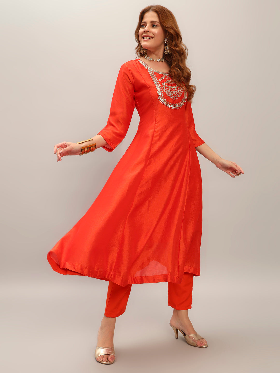 Orange Vichitra Silk Elegant Kurta Pant Set With Embroidery Work