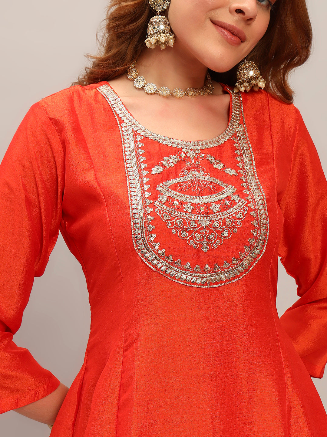 Orange Vichitra Silk Elegant Kurta Pant Set With Embroidery Work