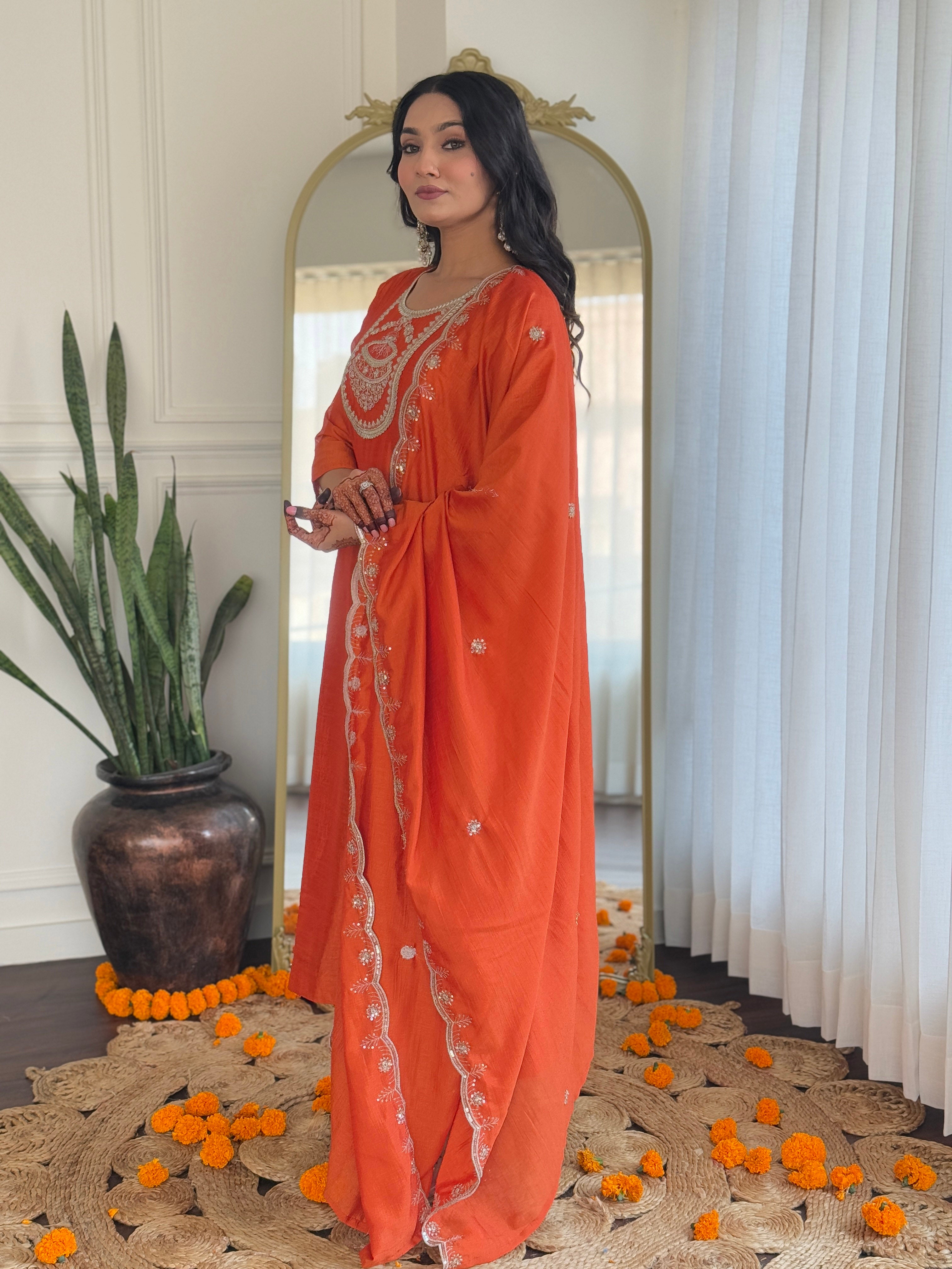 Orange Vichitra Silk Elegant Kurta Pant Set With Embroidery Work