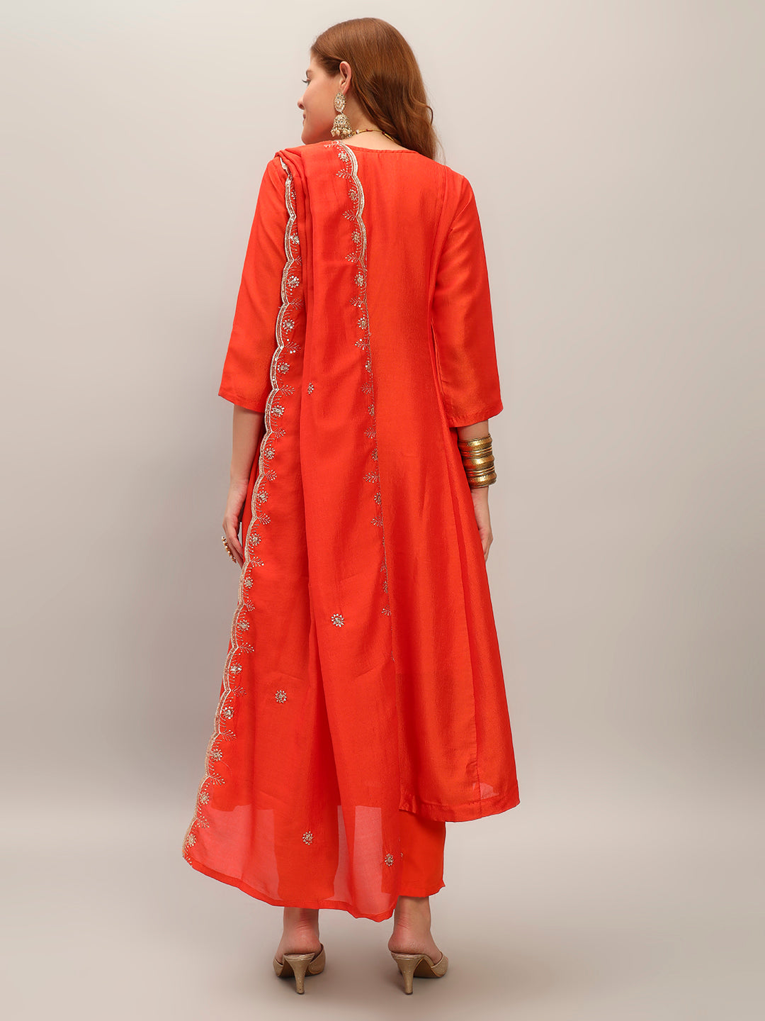Orange Vichitra Silk Elegant Kurta Pant Set With Embroidery Work