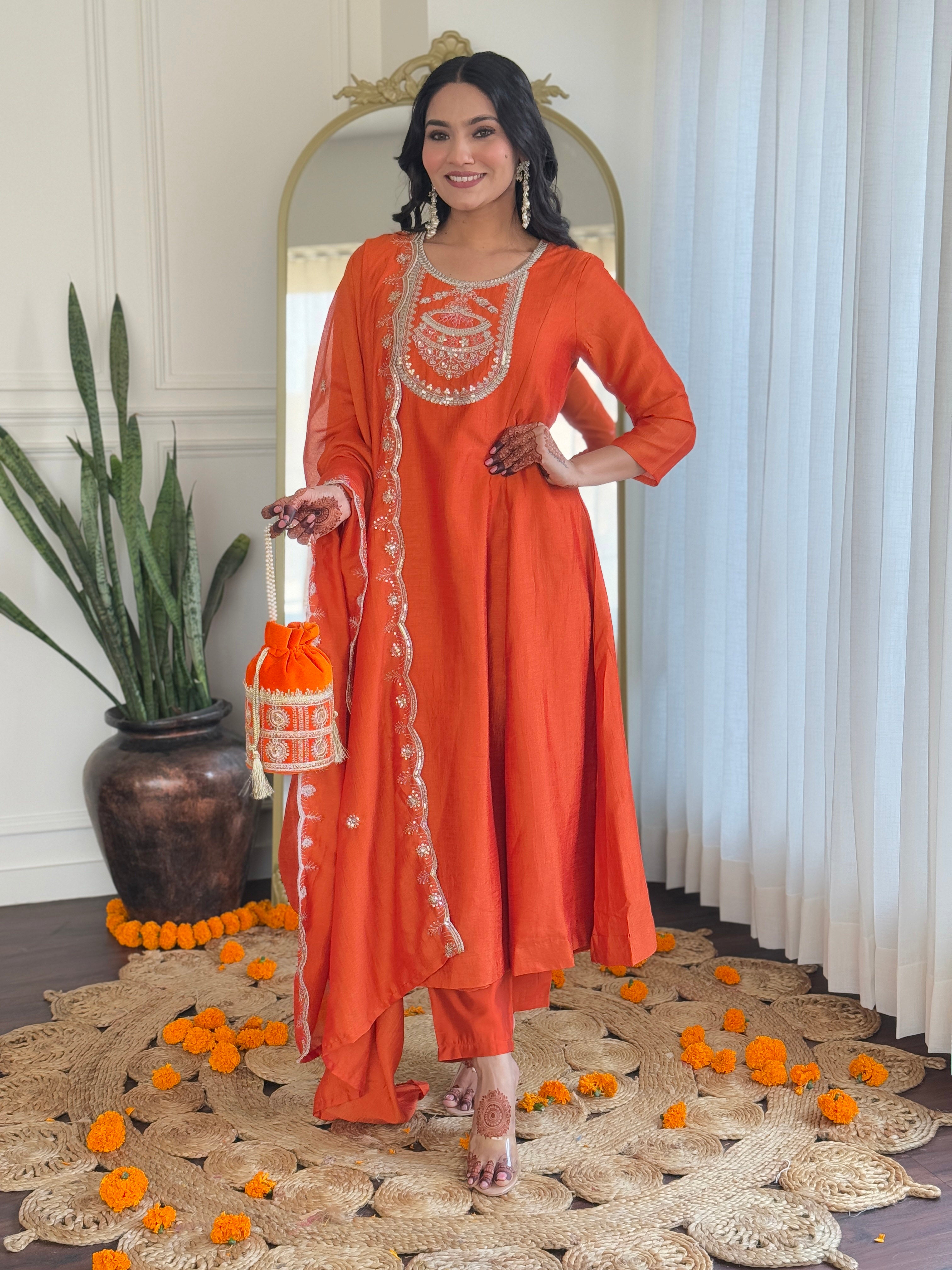 Orange Vichitra Silk Elegant Kurta Pant Set With Embroidery Work