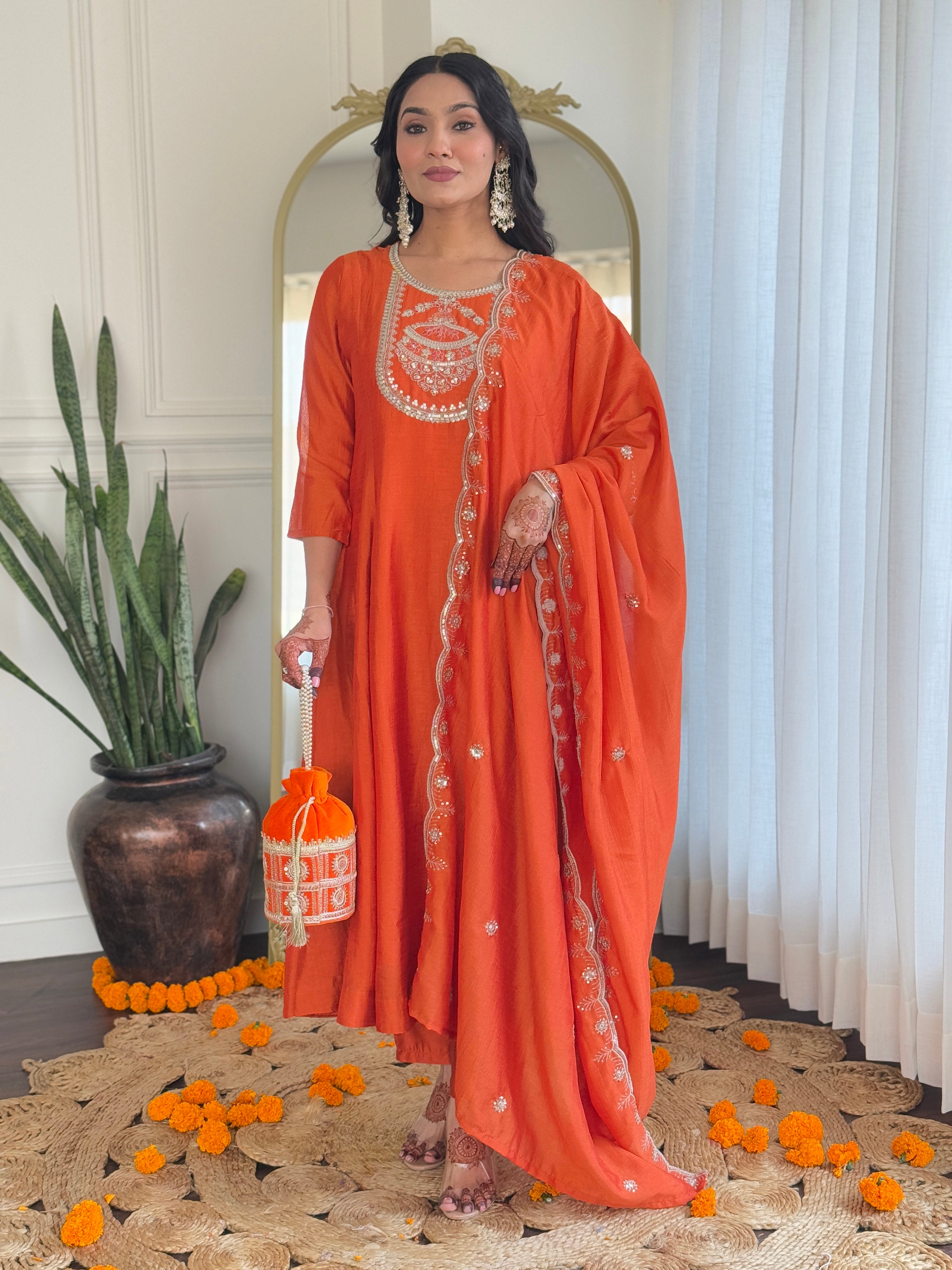 Orange Vichitra Silk Elegant Kurta Pant Set With Embroidery Work
