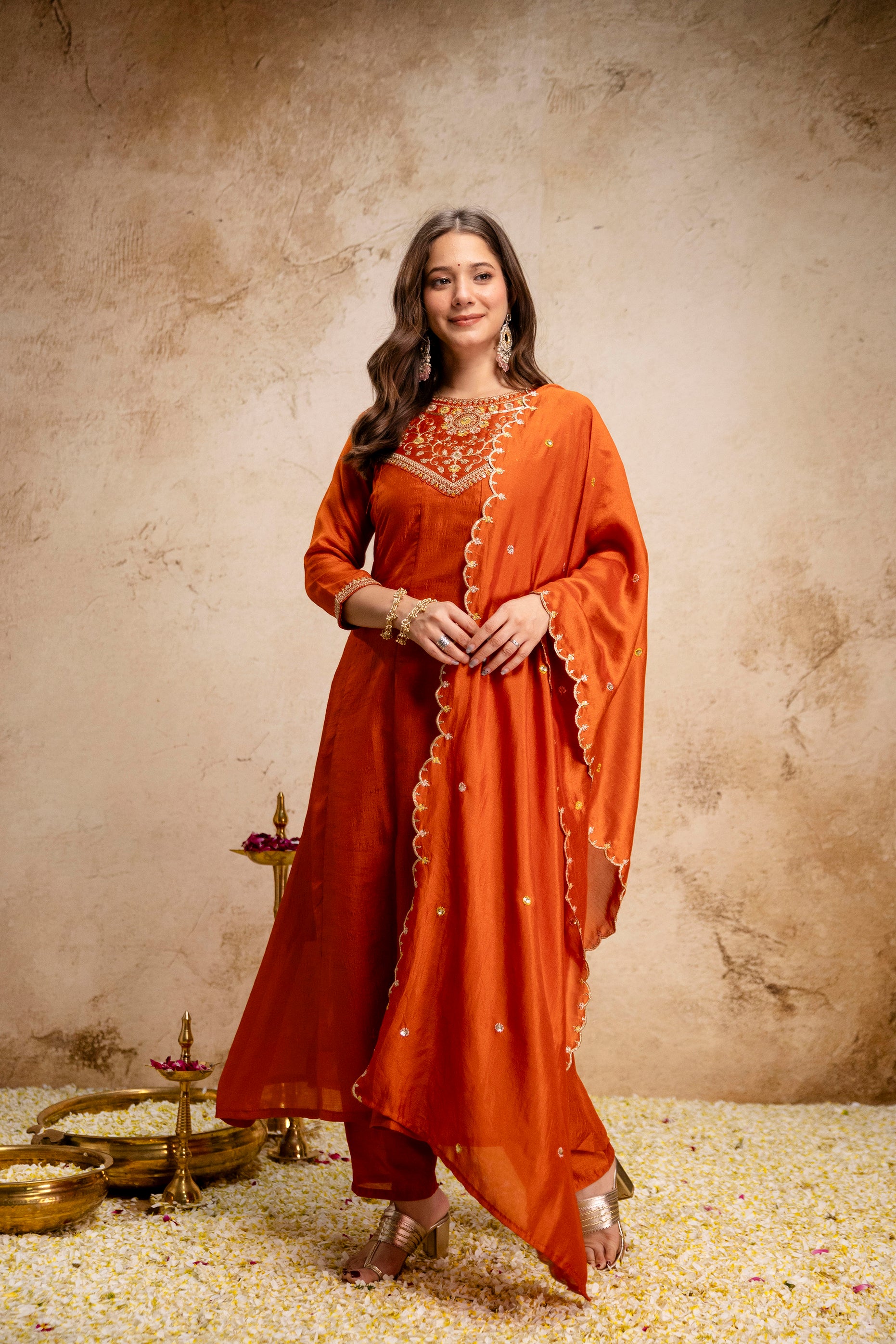Orange Vichitra Silk Kurta Pant Set With Heavy Thread Embroidery Work
