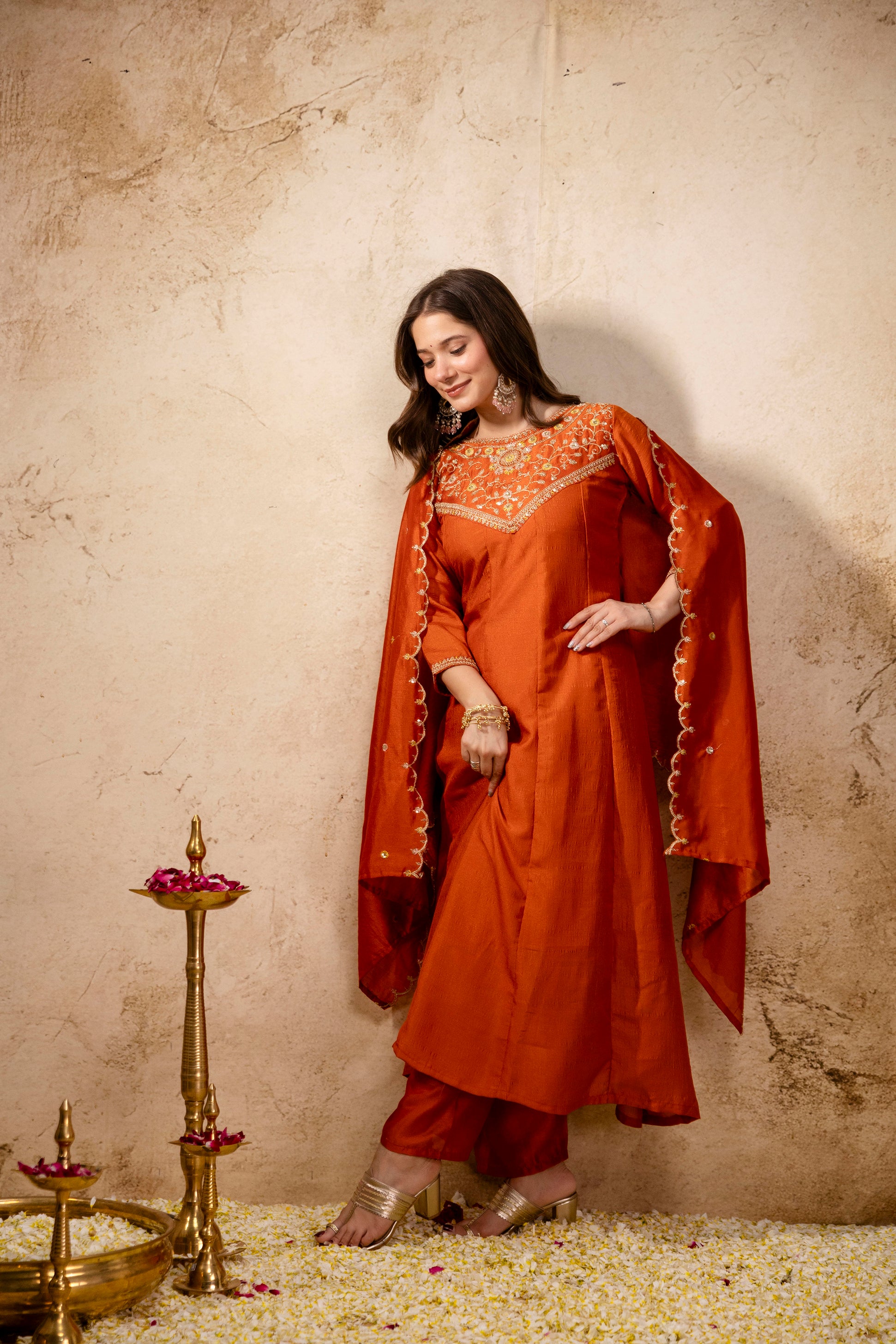 Orange Vichitra Silk Kurta Pant Set With Heavy Thread Embroidery Work