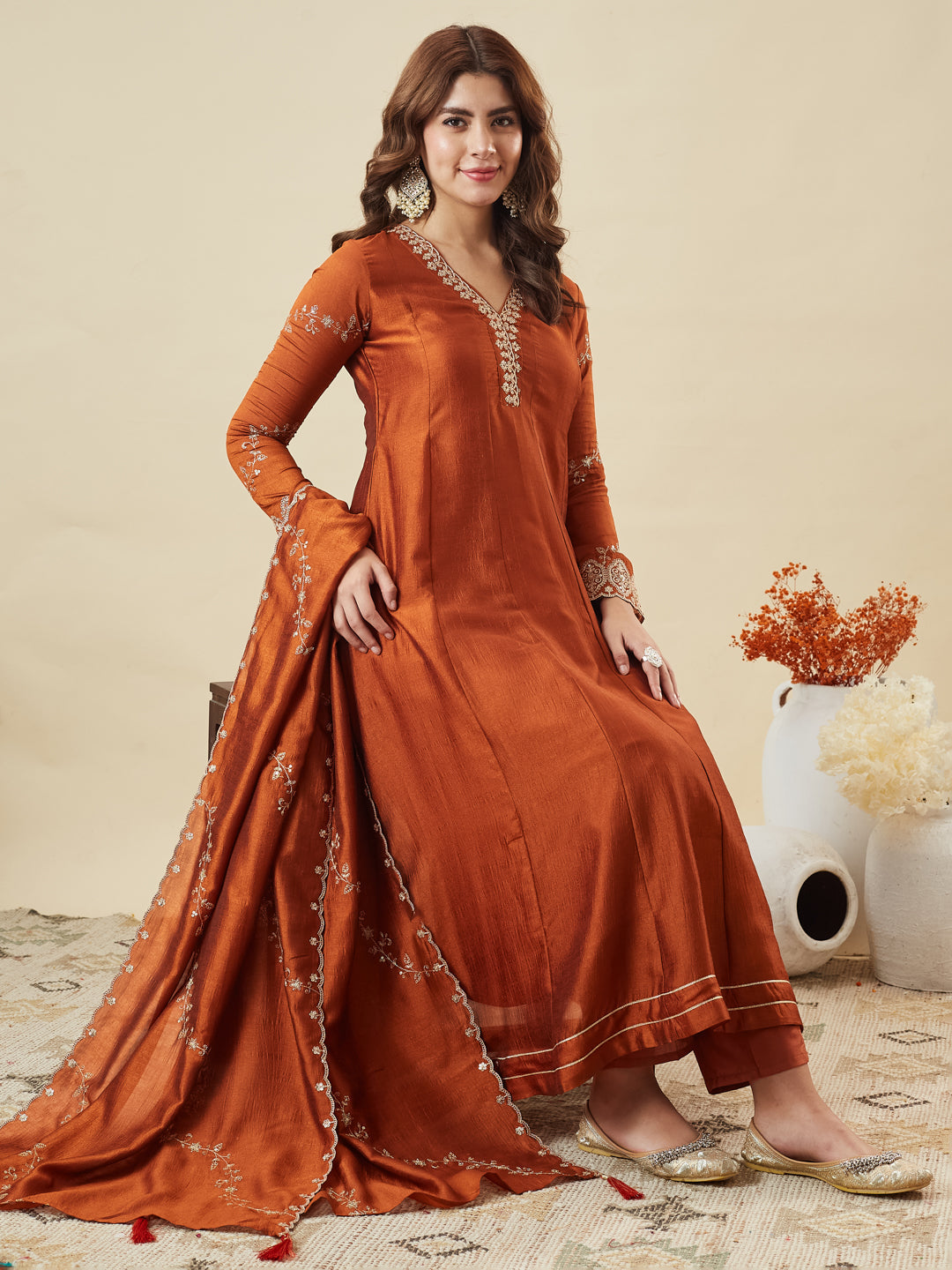 Orange Vichitra Silk Kurta Pant Set With Heavy Thread Embroidery Work