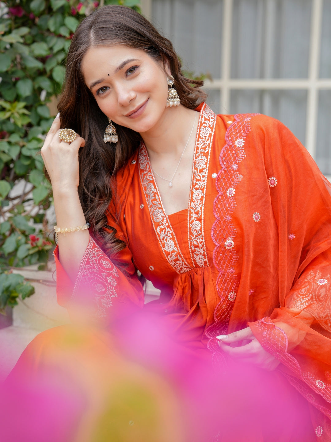 Orange Viscose Chanderi Elegant Kurta Pant Set With Embroidery Work