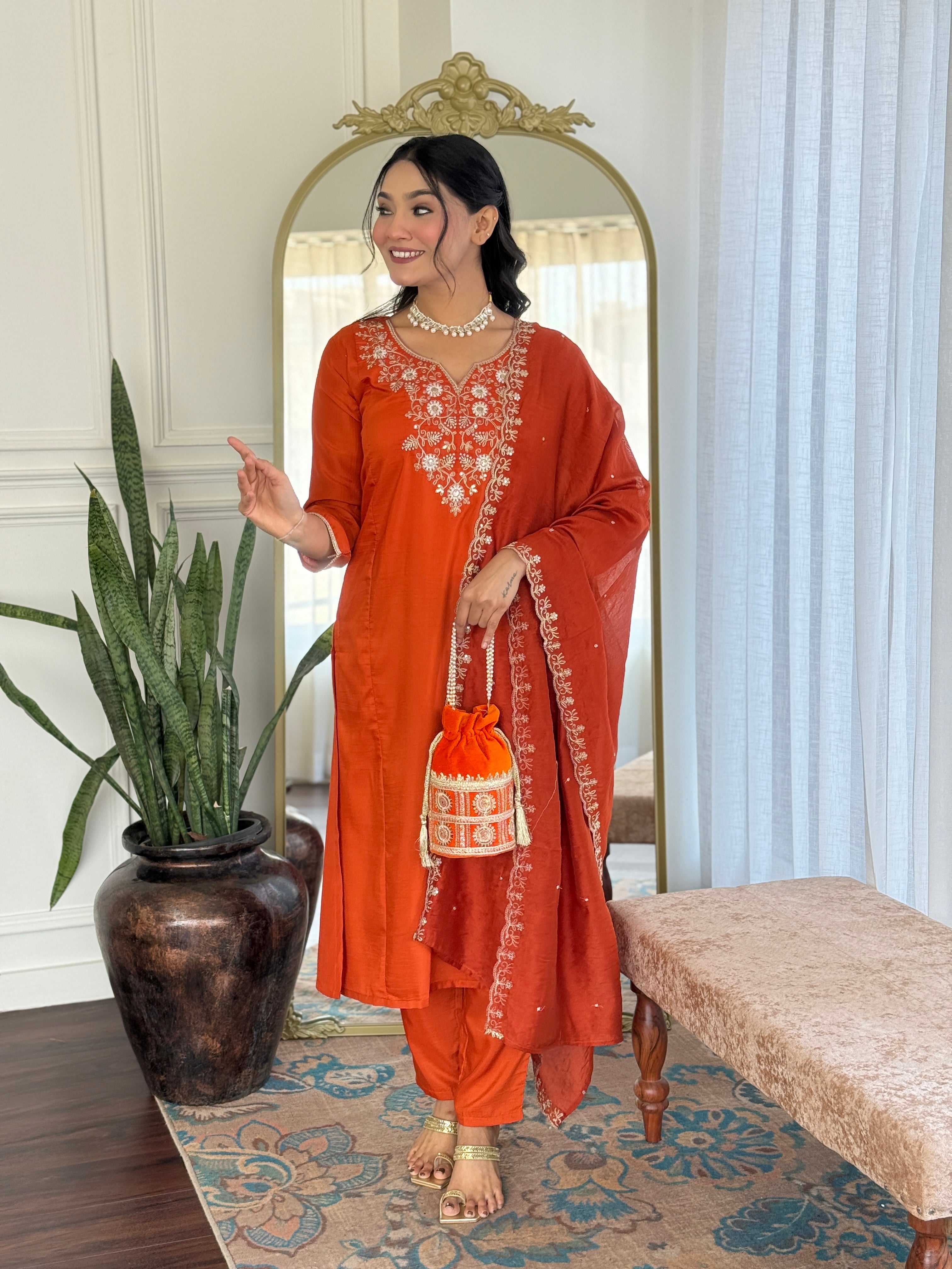 Orange Viscose Chinon Elegant Kurta Pant Set With Embroidery Work