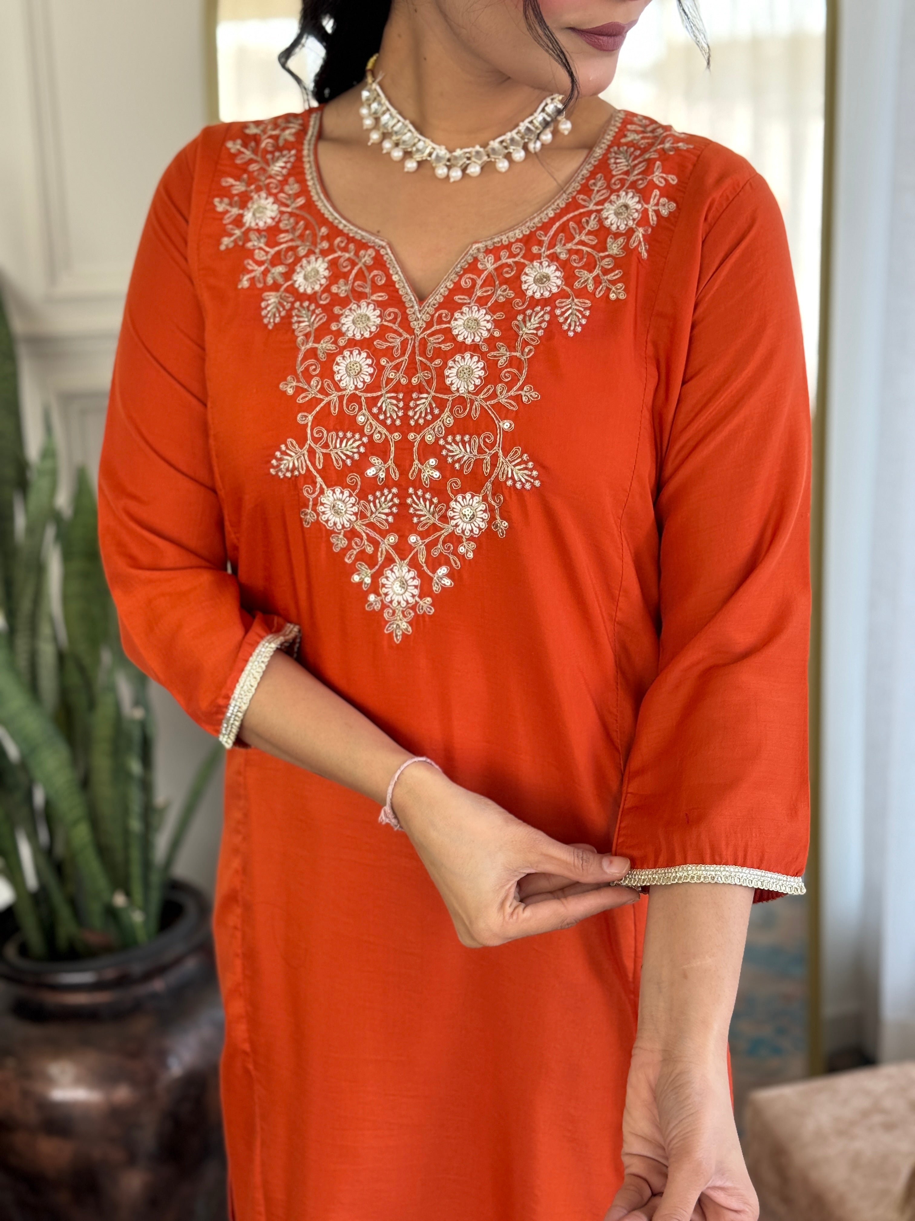 Orange Viscose Chinon Elegant Kurta Pant Set With Embroidery Work