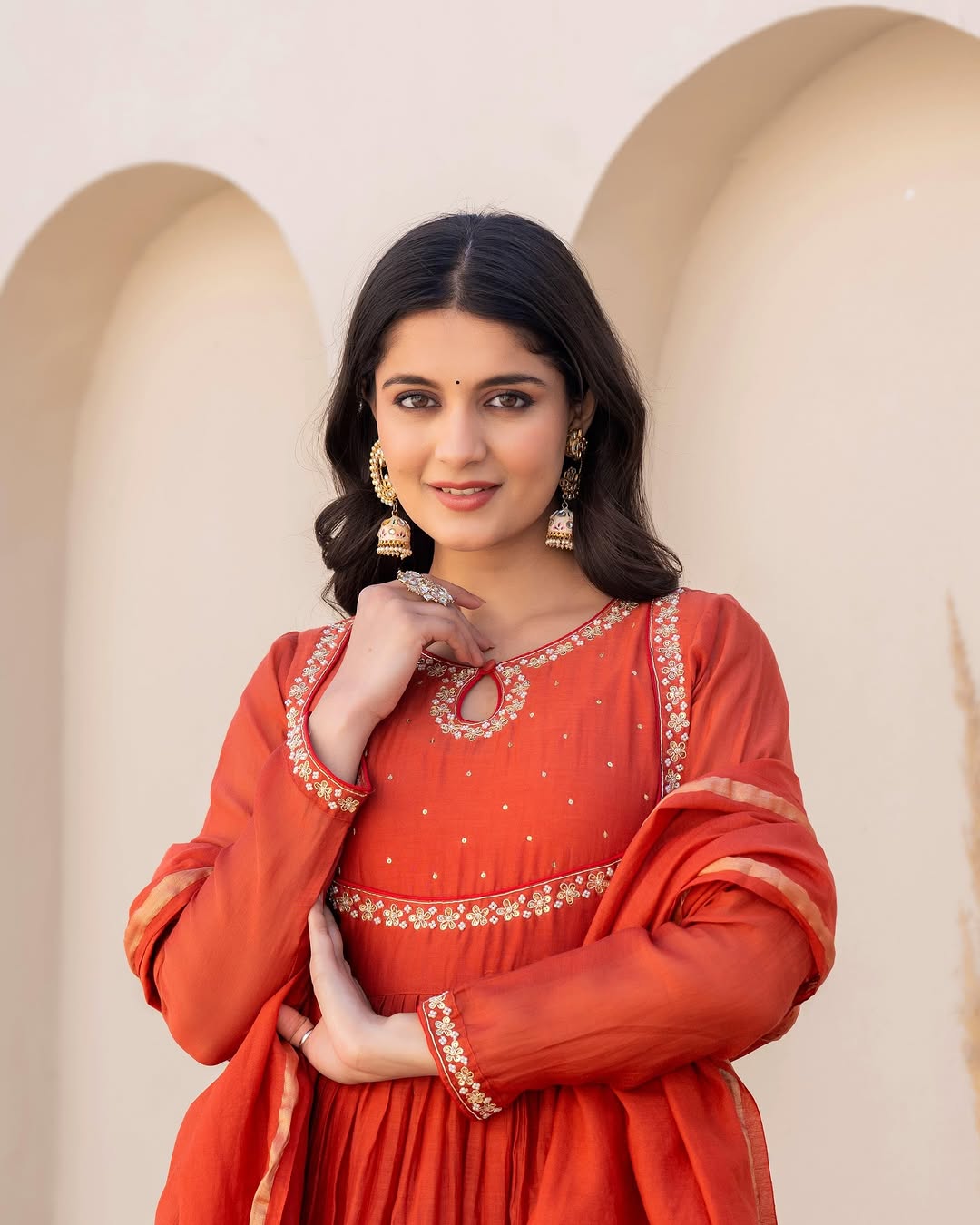 Orange Viscose Silk Kurta Pant Set With Embroidery Work