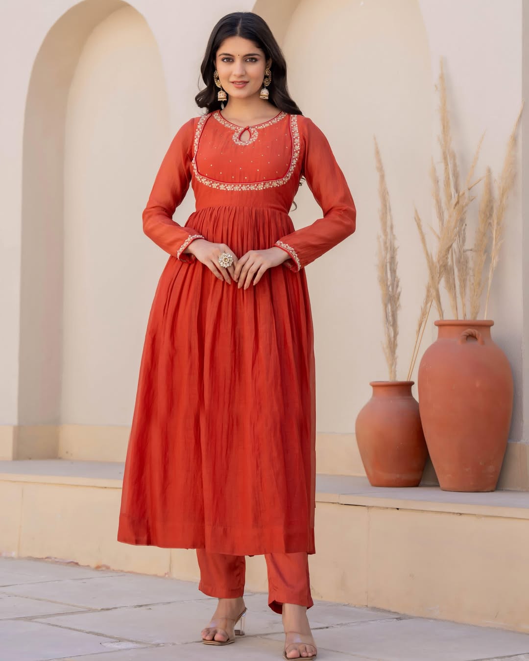 Orange Viscose Silk Kurta Pant Set With Embroidery Work