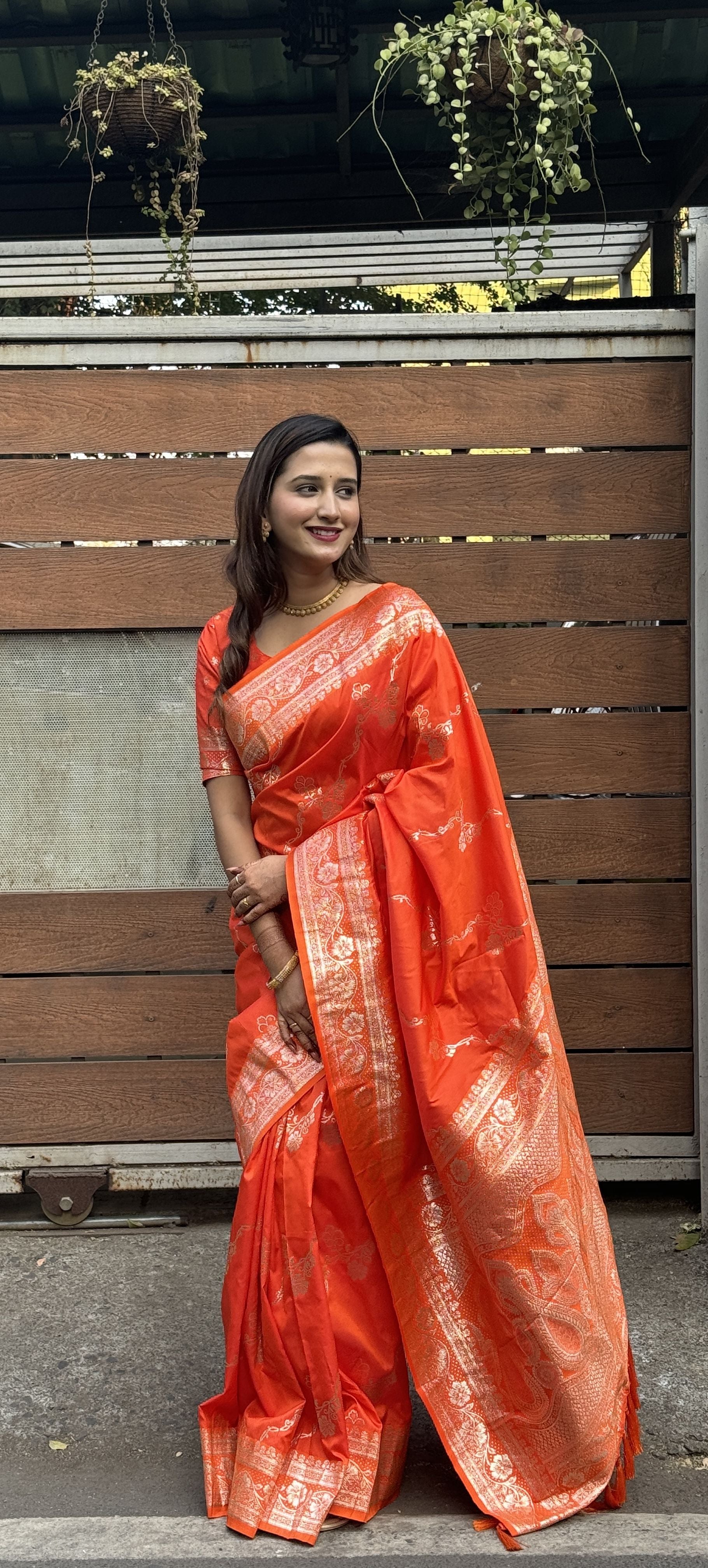 Orange Woven Jacquard Jari Designer Banarasi Silk Festive Ceremonial Saree
