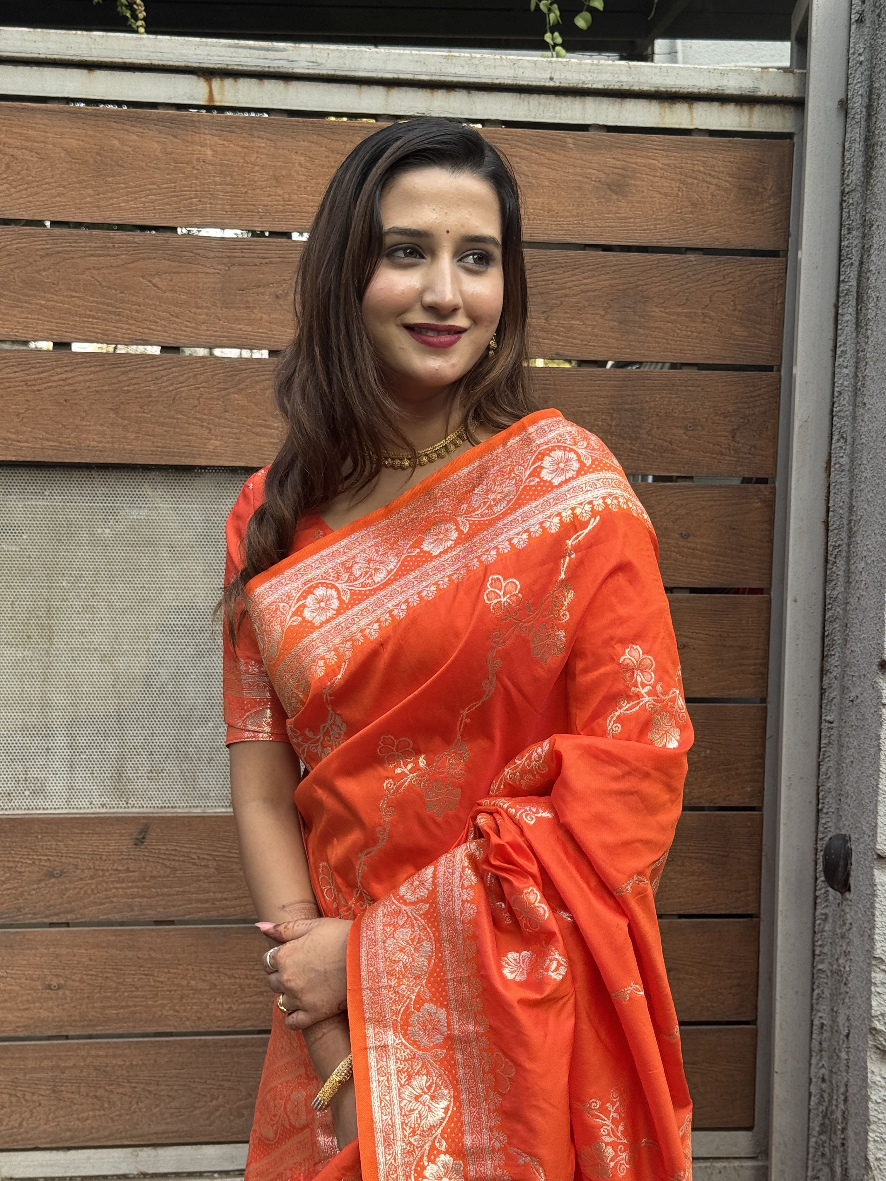 Orange Woven Jacquard Jari Designer Banarasi Silk Festive Ceremonial Saree