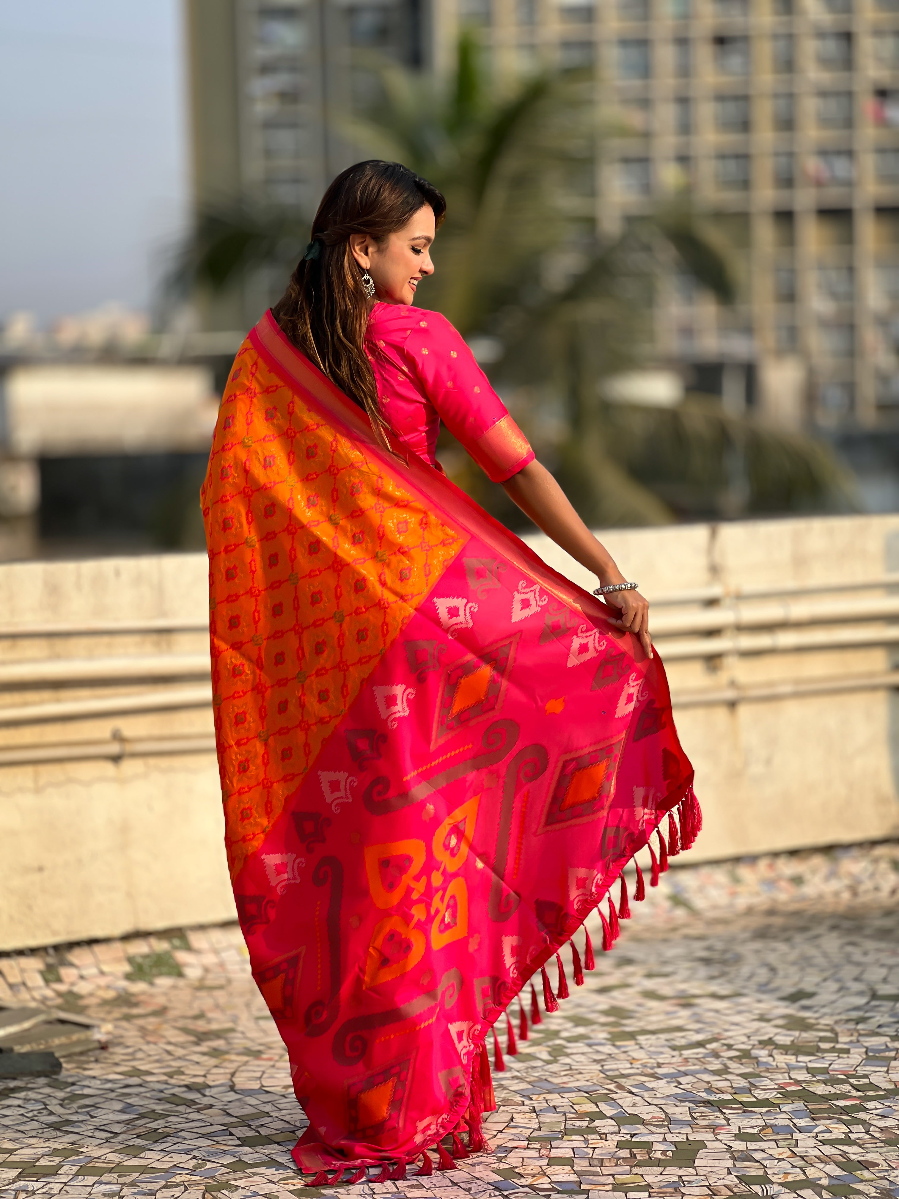 Orange Woven Meenakari Ikkat Designer Patola Silk Ceremonial Saree