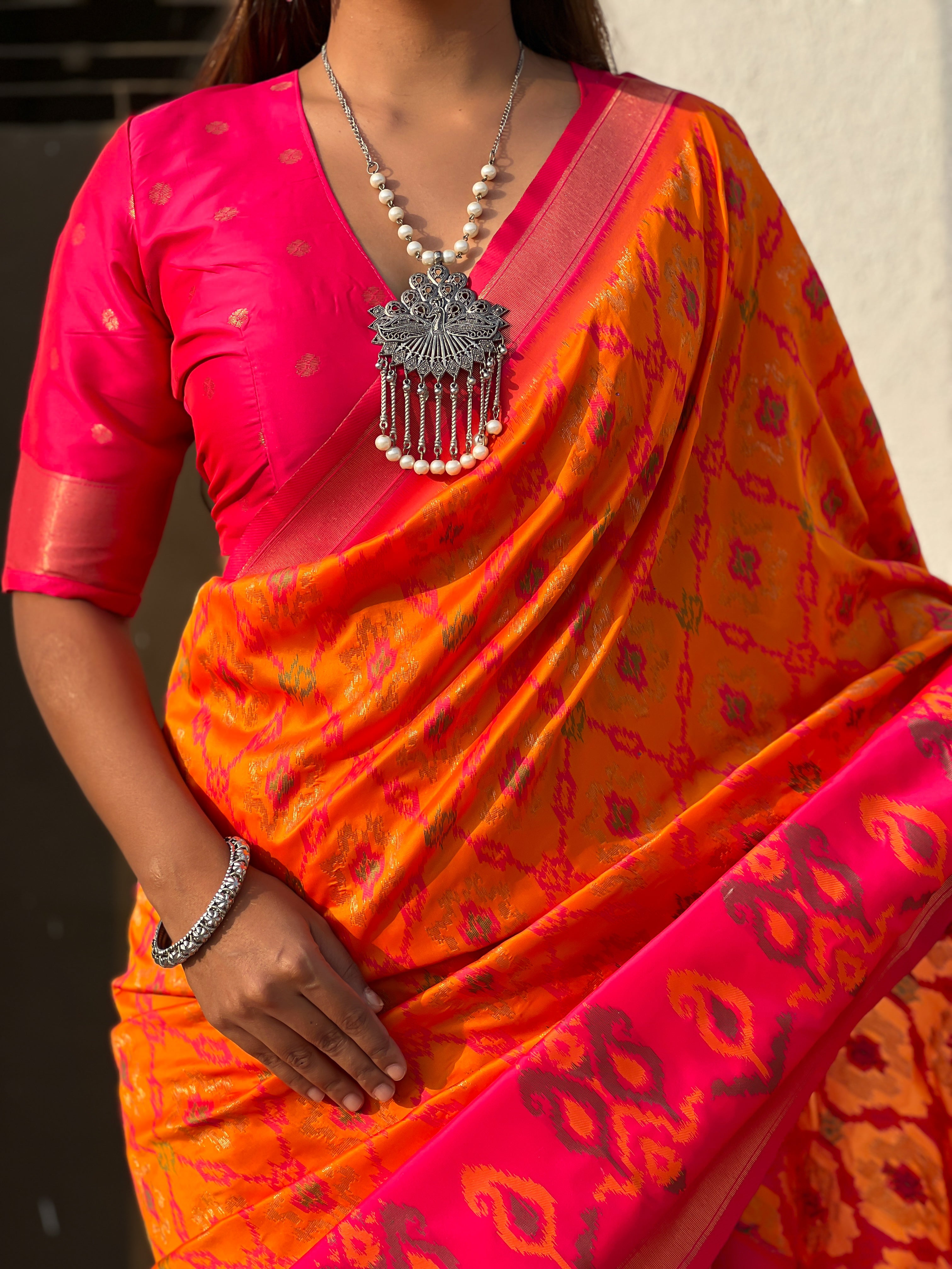 Orange Woven Meenakari Ikkat Designer Patola Silk Ceremonial Saree