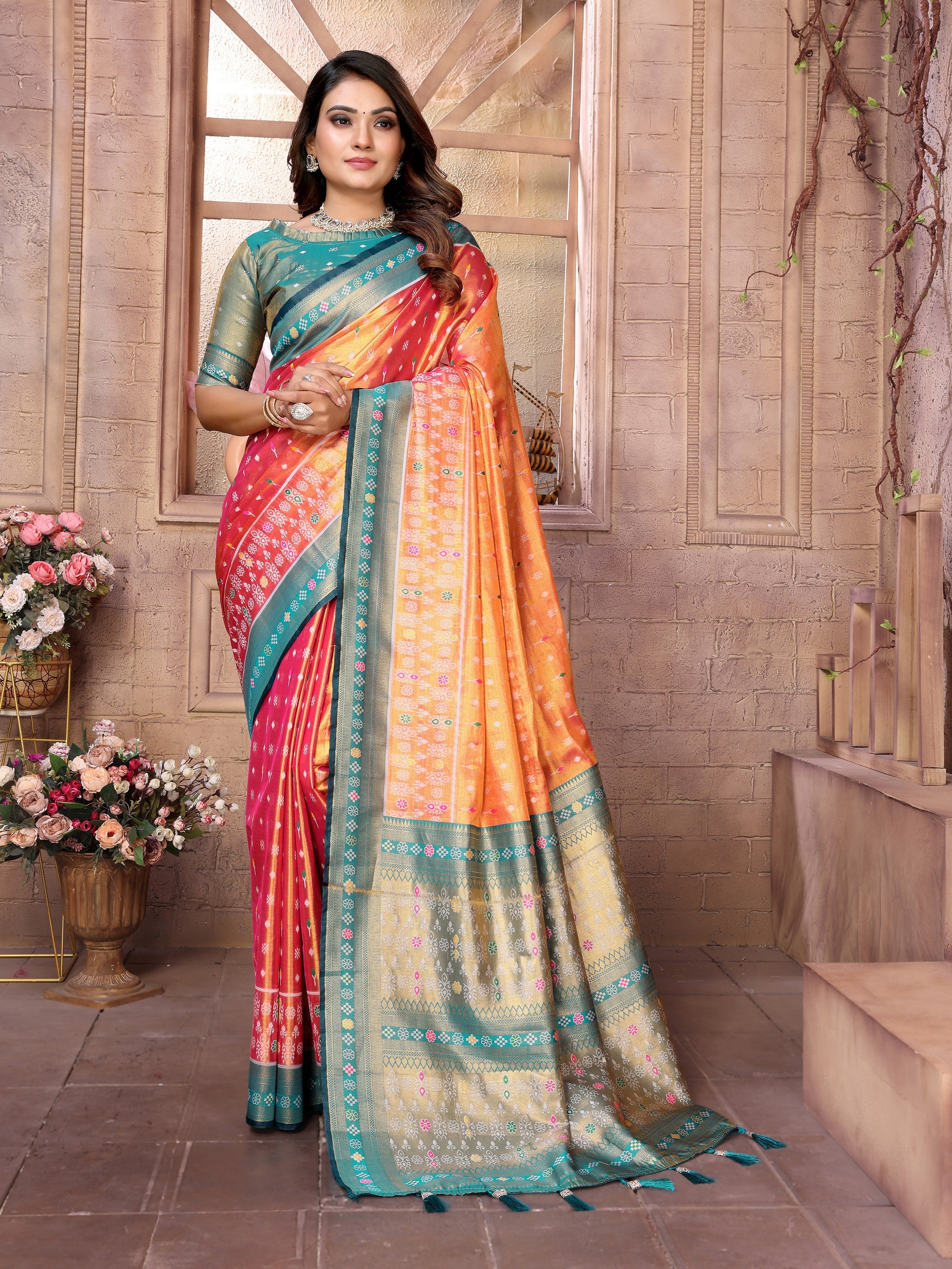 Orange Woven Patola Designer Banarasi Tissue Silk Saree