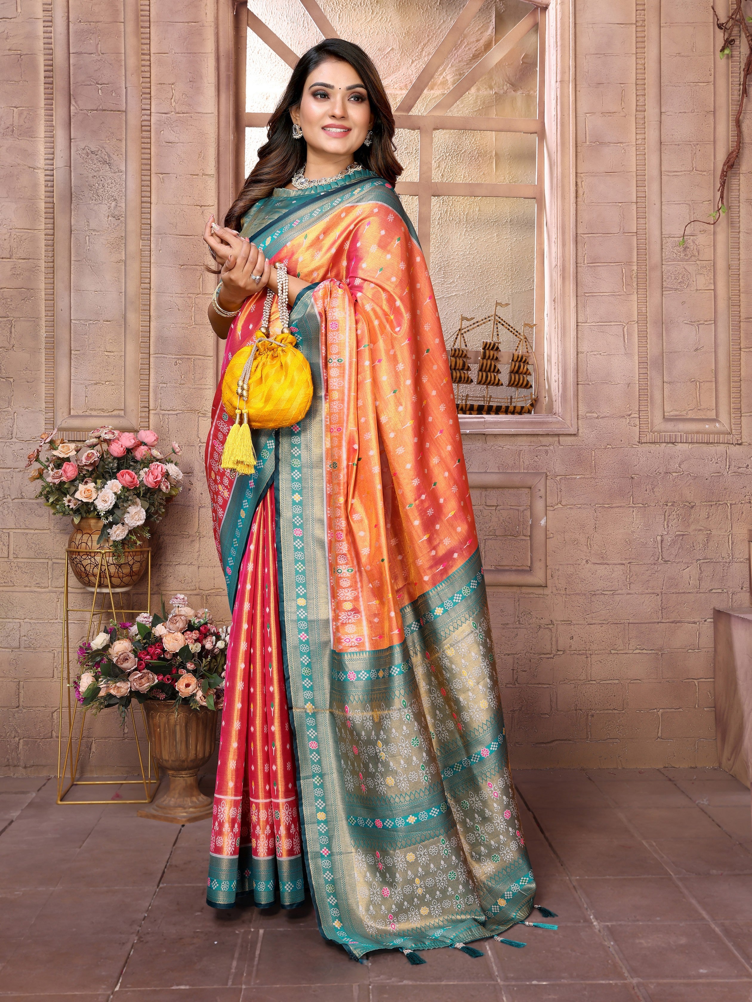 Orange Woven Patola Designer Banarasi Tissue Silk Saree