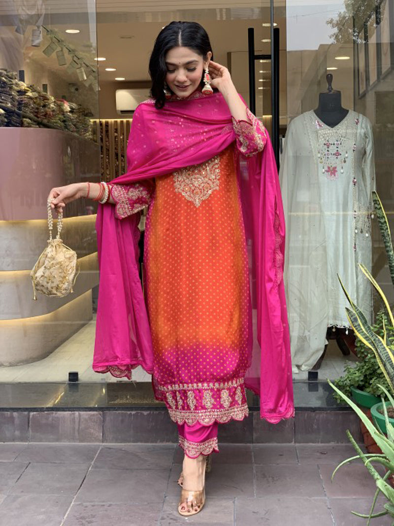 Orange & Rani Pink Kurta Pant Set with Heavy Thread Embroidery Work