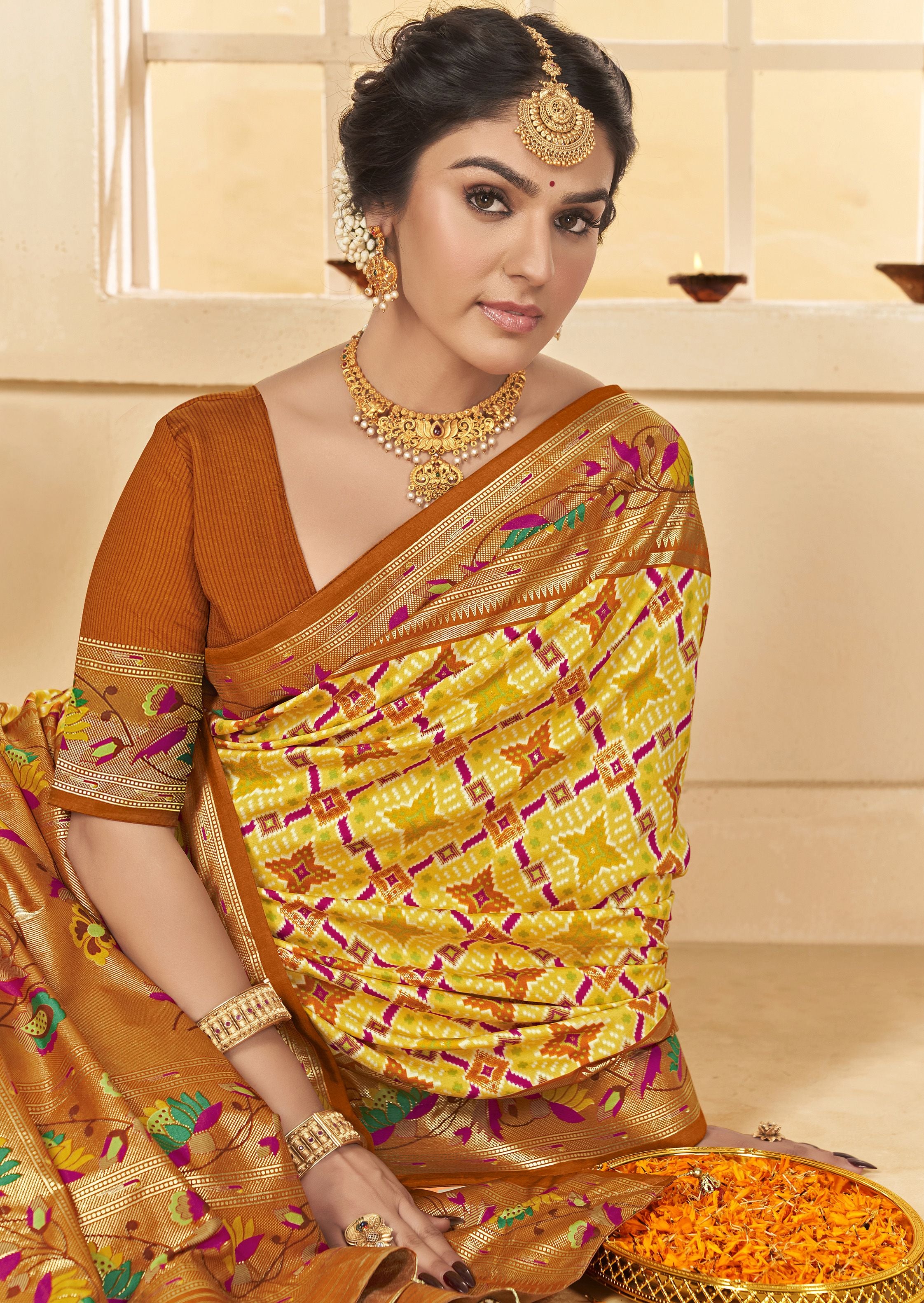Orange & Yellow Ethnic Woven Border Designer With Ikkat Printed Cotton Silk Saree