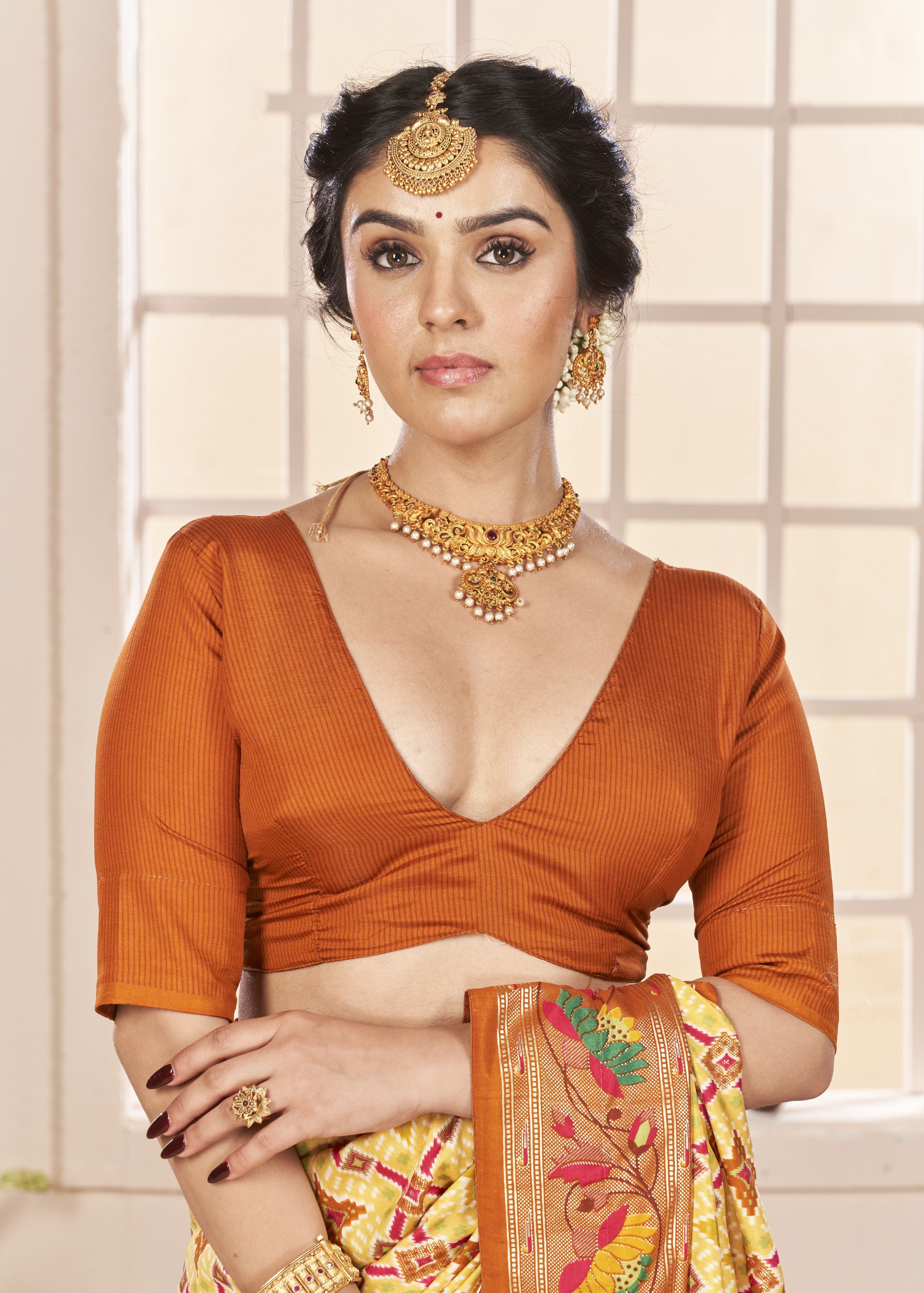 Orange & Yellow Ethnic Woven Border Designer With Ikkat Printed Cotton Silk Saree