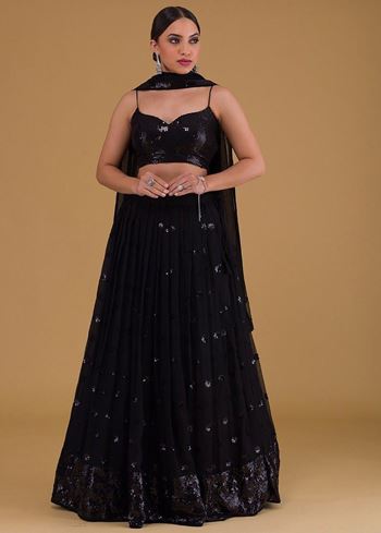Outstanding Black Sequins Georgette Party Wear Lehenga Choli