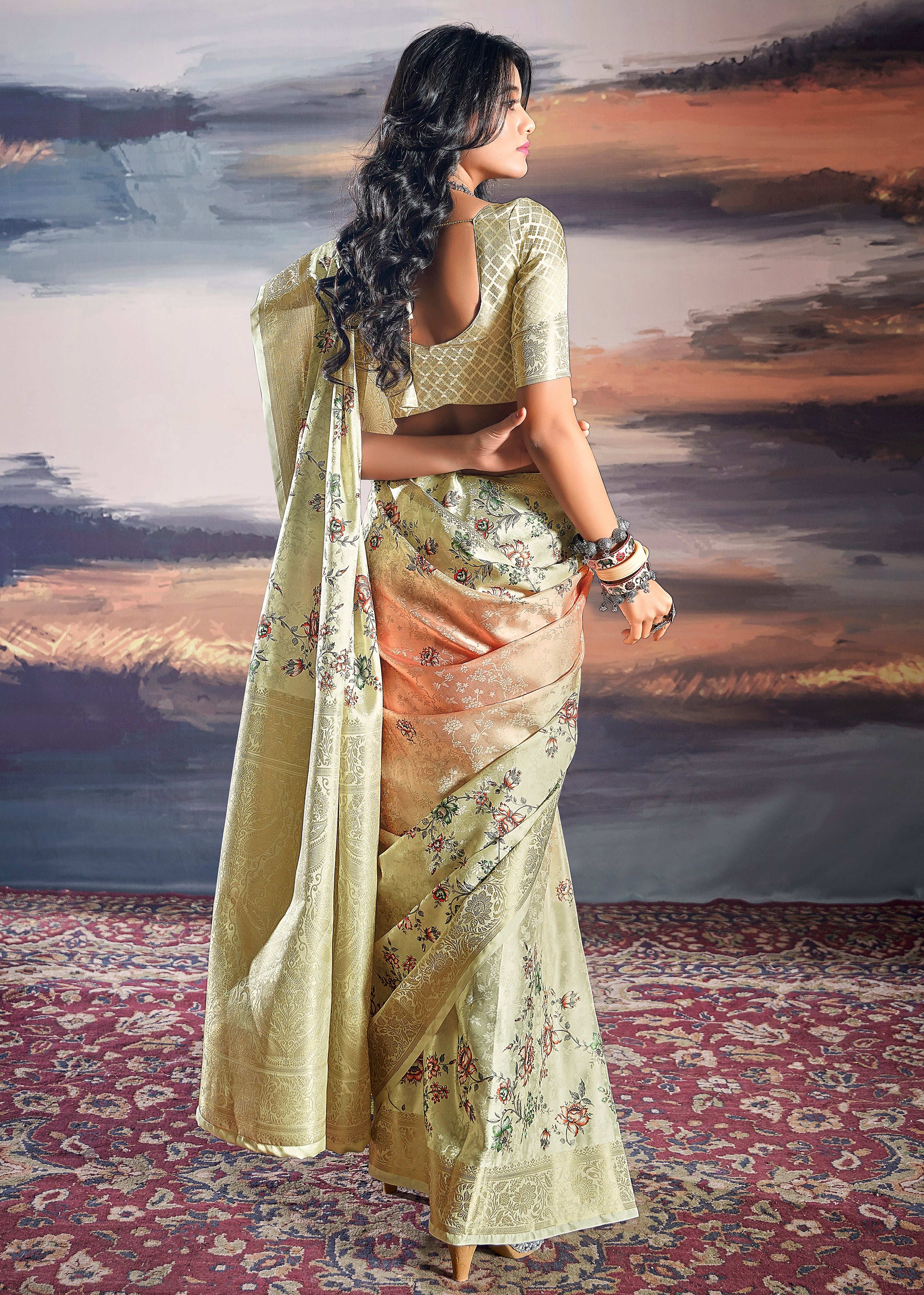 Pale Yellow and Peach Saree With Jacquard Woven Work With Digital Print