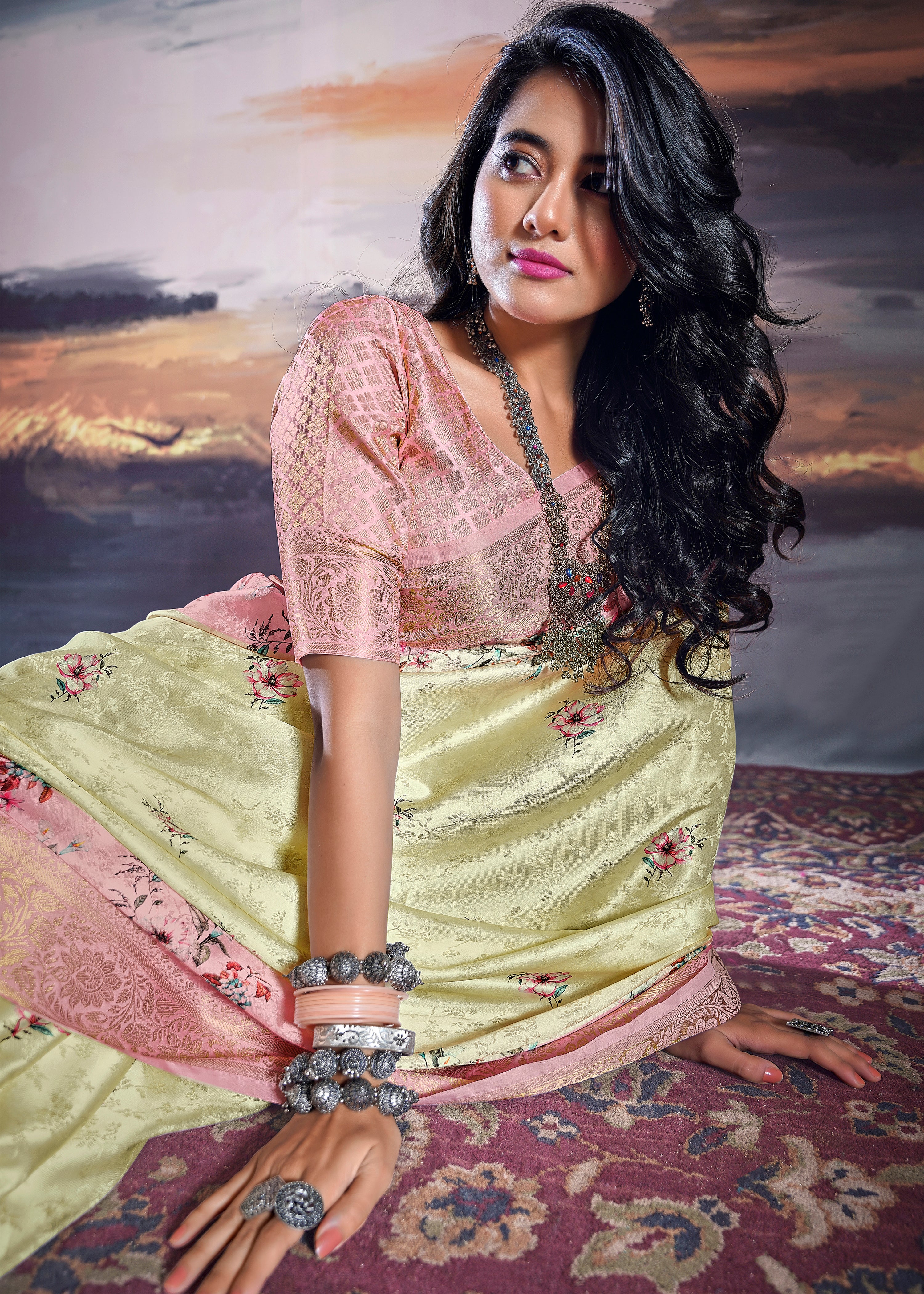 Pale Yellow and Pink Saree With Jacquard Woven Work With Digital Print
