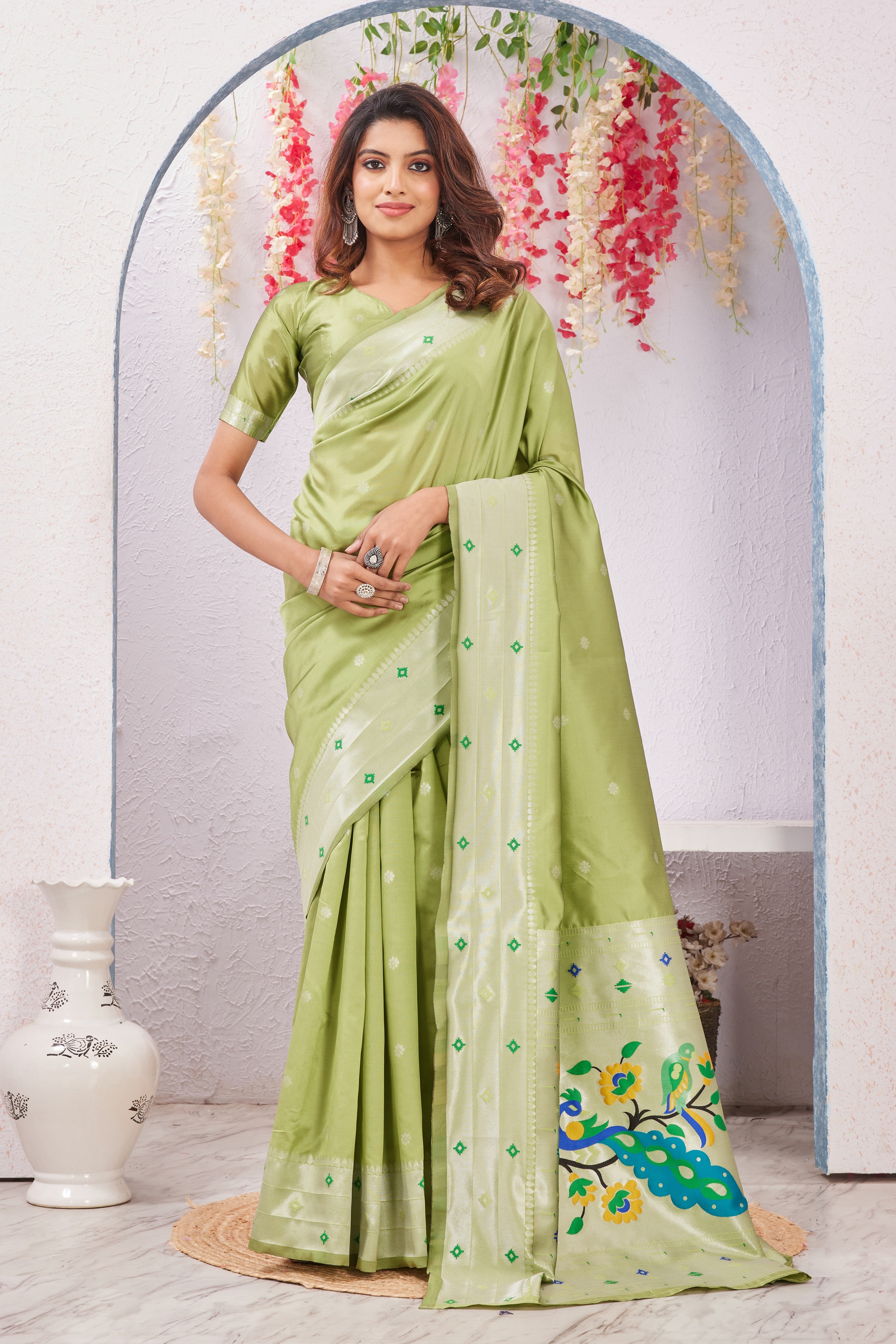 Parrot Banarasi Silk Saree with Peacock Motif, Rich Pallu & Jacquard Jari Work